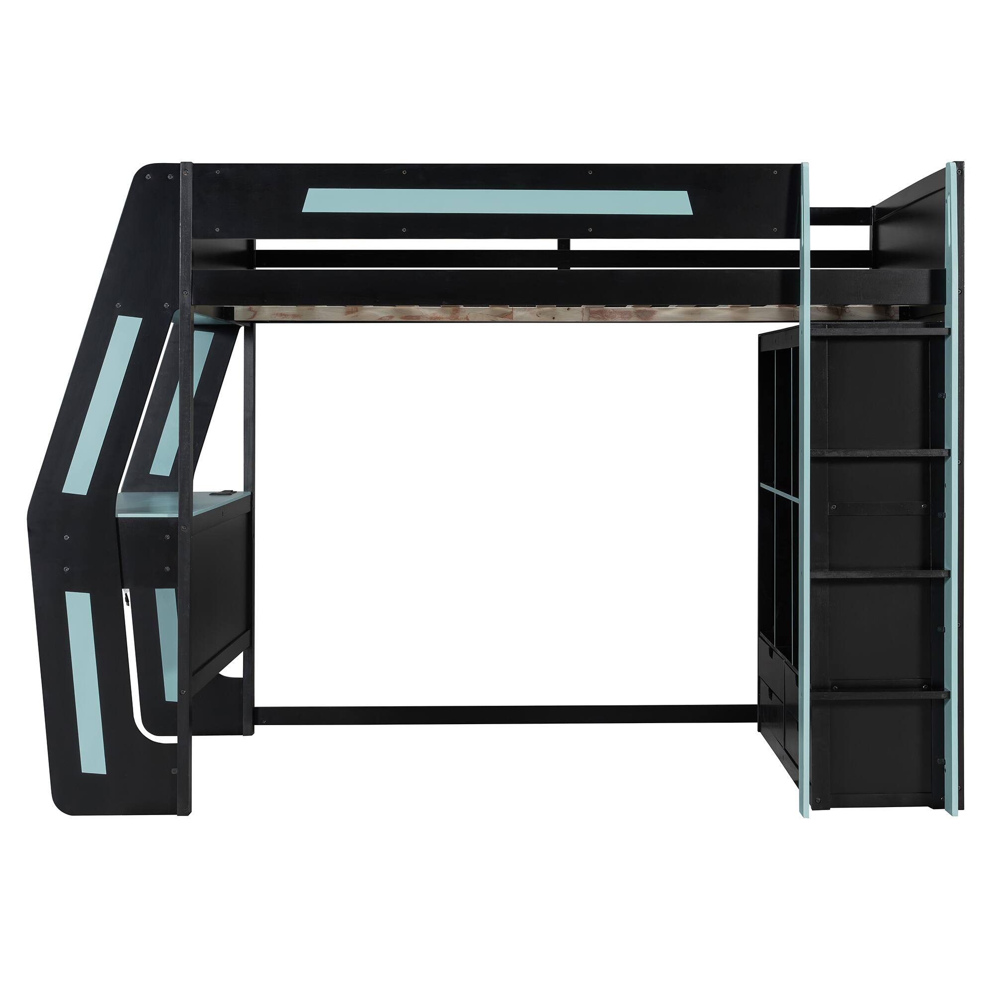 Angle. Whisen - Full Size Gaming Loft Bed,Workstation Bed Frame with Built-in Desk,6 Storage Cubbies,USB Ports and RGB LED Lights - Black+Blue.