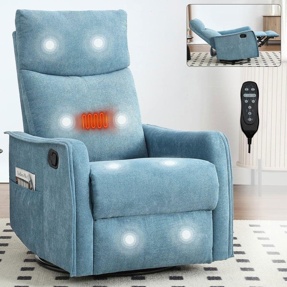 Kadyn - Fabric Heat Massage Recliner Chair, 8 Vibration Modes & Lumbar Heat, Rocker Swivel - Blue