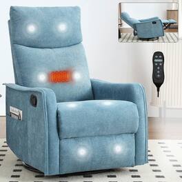 Kadyn - Fabric Heat Massage Recliner Chair, 8 Vibration Modes & Lumbar Heat, Rocker Swivel - Blue