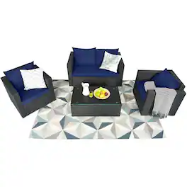 Gymax - Set of 4 Rattan Furniture Set Cushioned Sofa Chair Coffee Table Patio - Navy