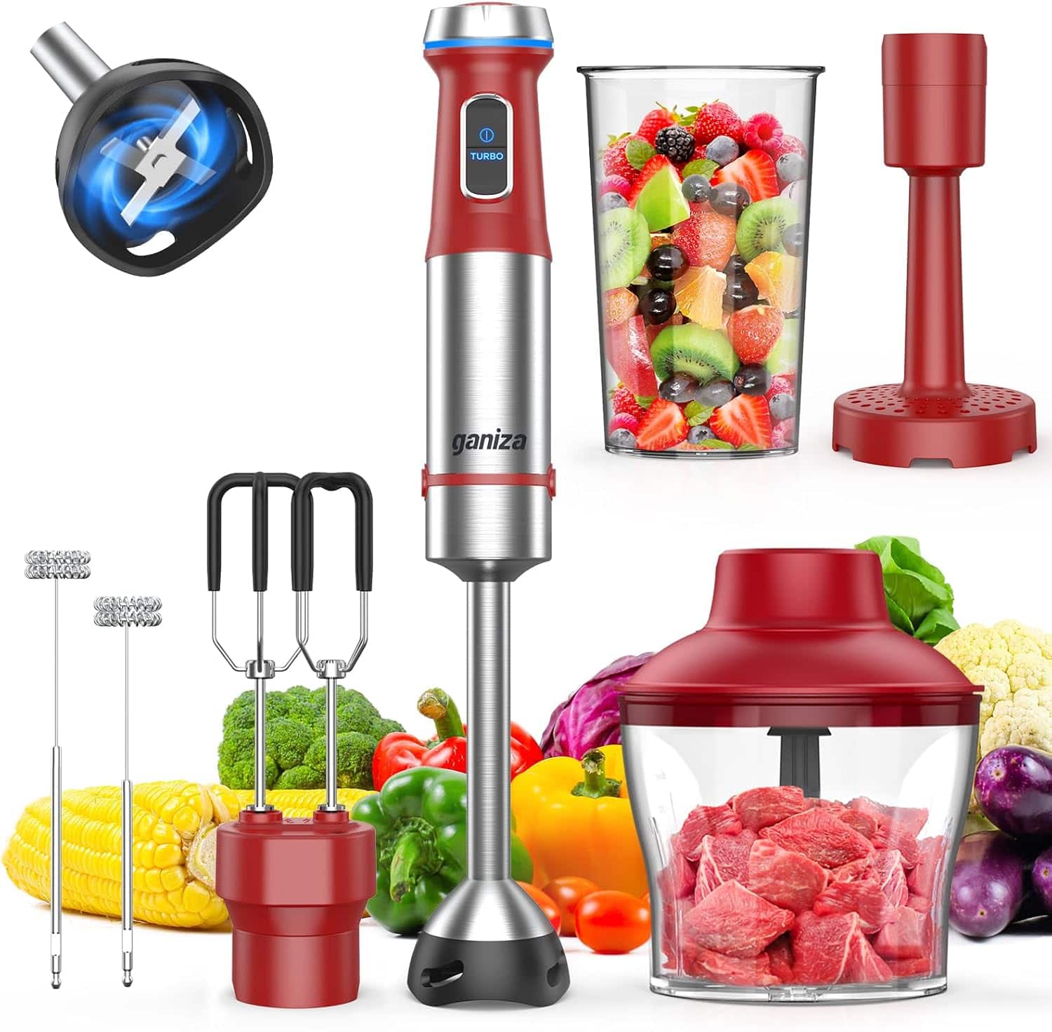 FINEAK - 6-in-1 Immersion Handheld Blenders-Powerful 1100W Hand Mixer & Chopper Set - Red