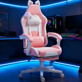 Siljoy - Kawaii Cat Gaming Chair with Footrest, Removable Cat Ears & Paw, Lumbar Support for Home and Office - Pink,White