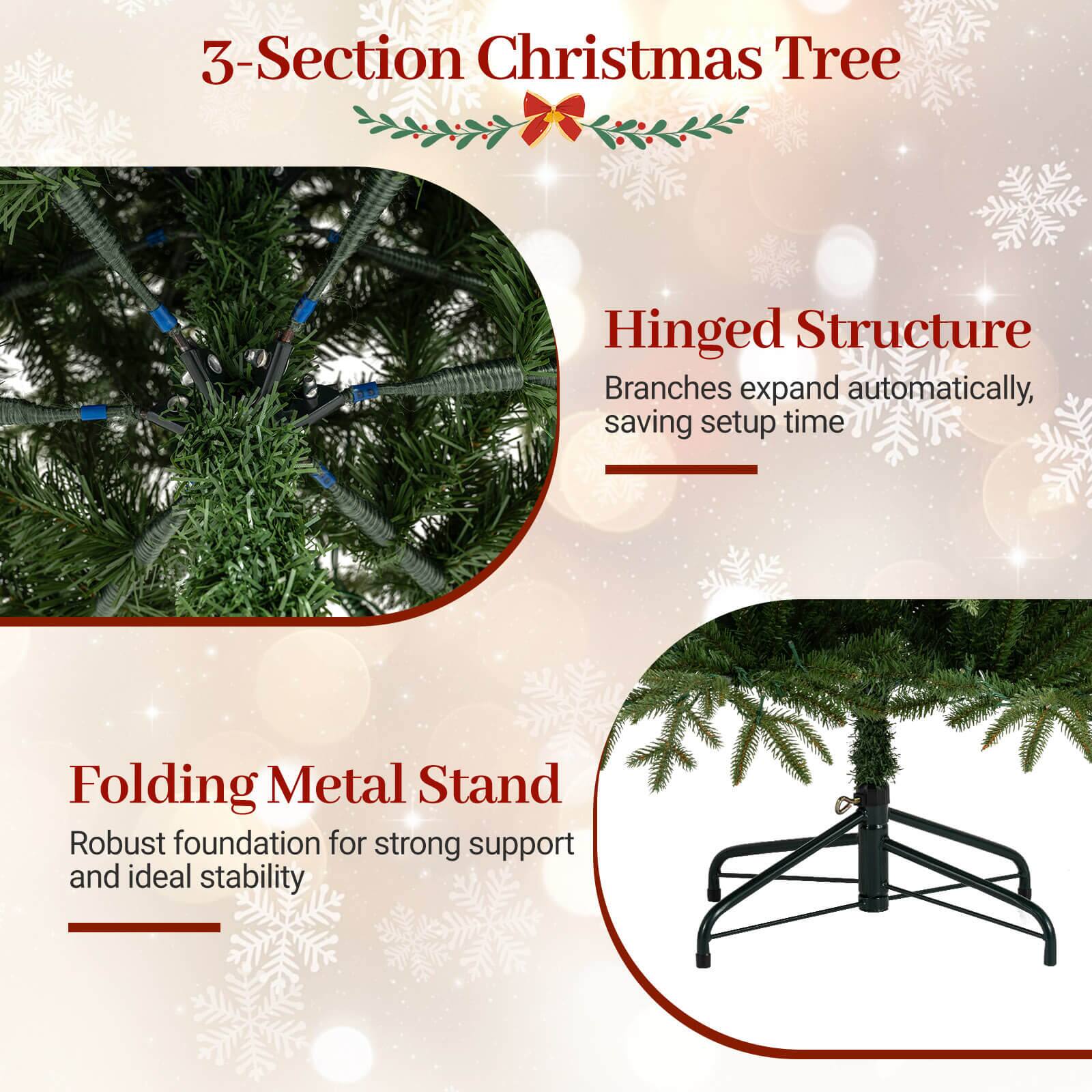 3-Section Christmas Tree

Hinged Structure  
Branches expand automatically, saving setup time

Folding Metal Stand  
Robust foundation for strong support and ideal stability