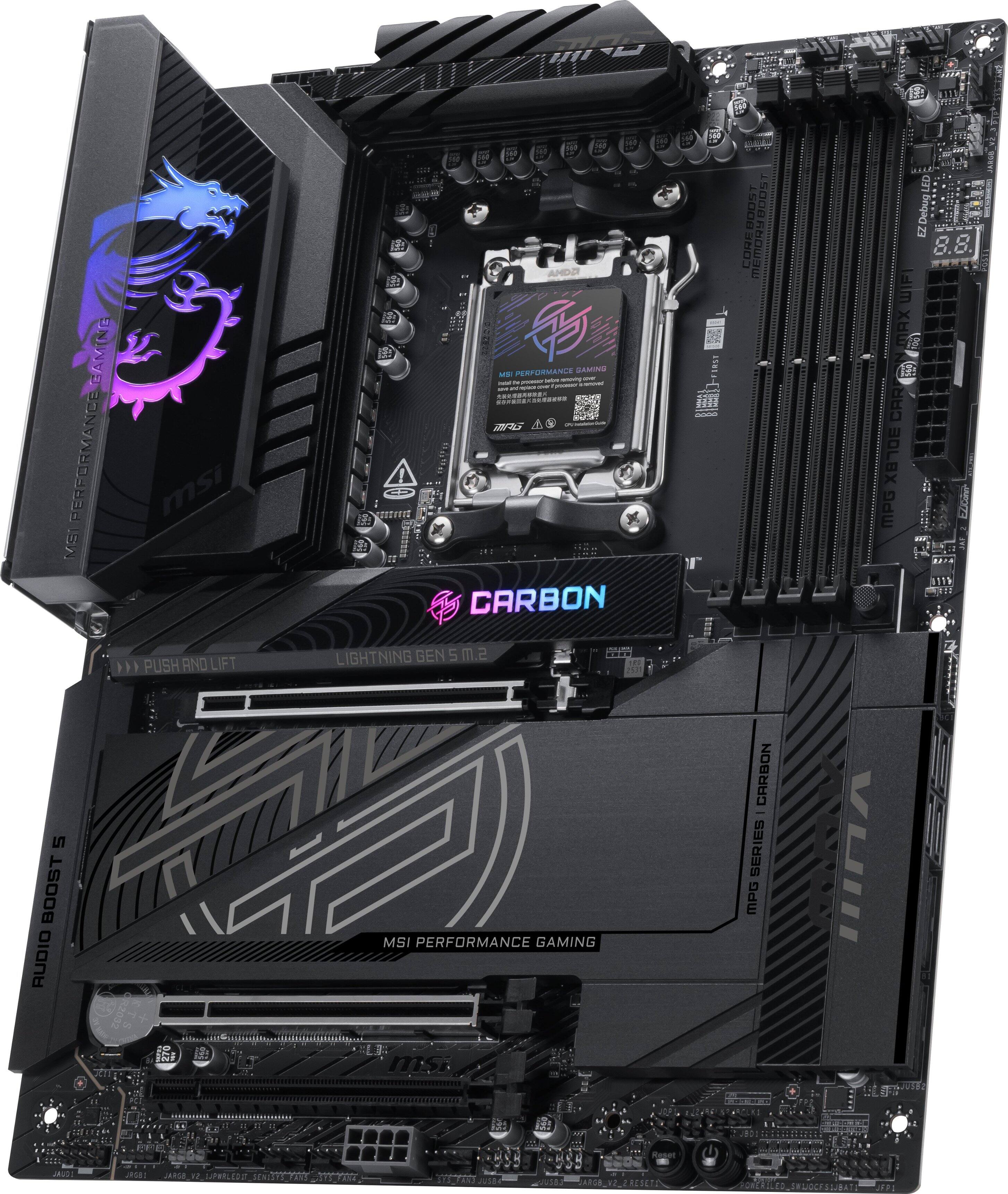 MSI Performance Gaming  
MSI Carbon  
Lightning Gen 5  
1P0 2521 4 EELE 1 F  
COREBOOST  
CORE MEMORY  
ODDS IPS  
111  
PHTIY  
LED Debug  
8.8. WIFI  
MAX  
BOLBX  
CARBON  
MPG  
ELLOW 11  
5 BOOST  
RADIO  
R2032  
IN9  
MSI Performance Gaming  
MSI Carbon  
MPG Series  
MSI Performance Gaming