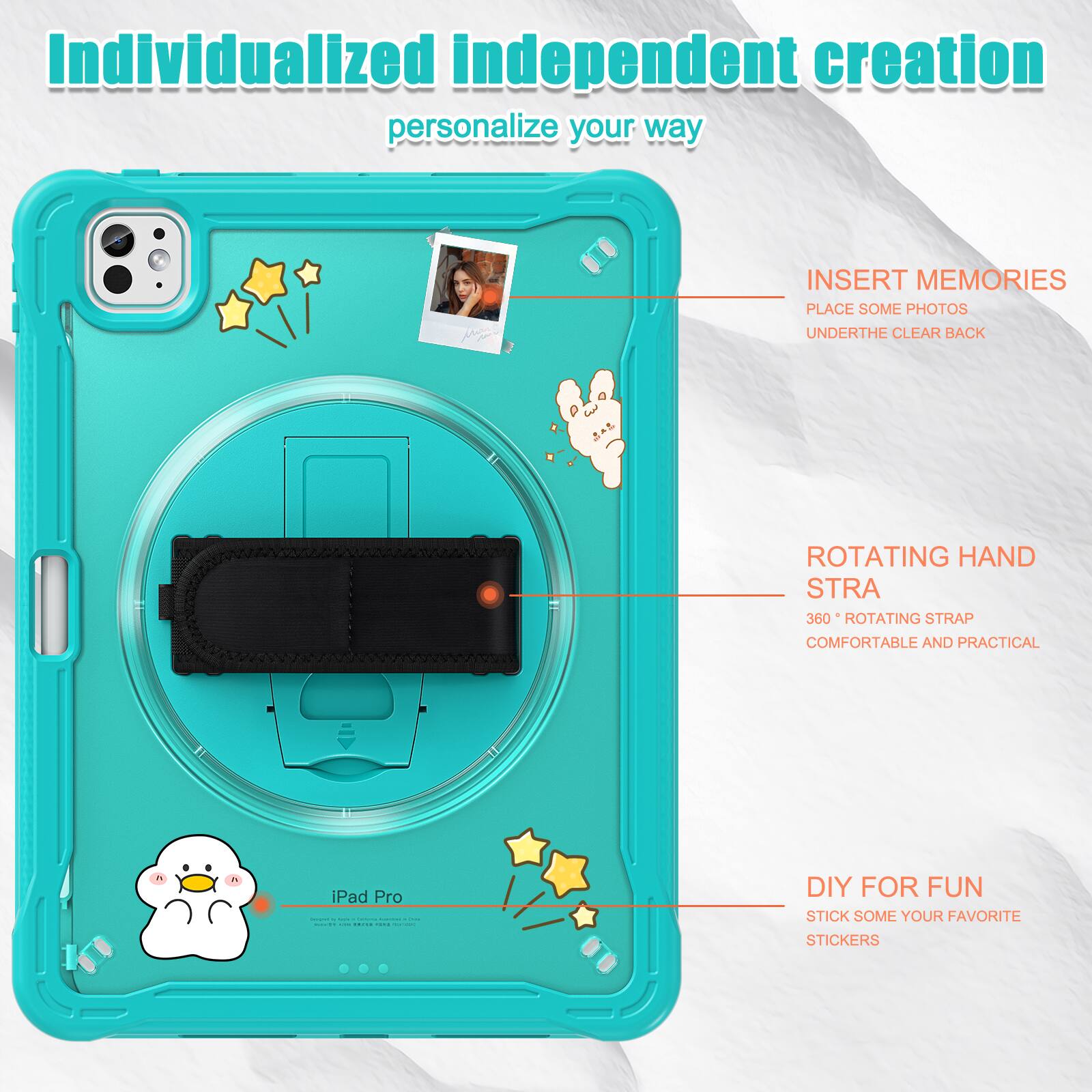 Individualized independent creation personalize your way

INSERT MEMORIES
PLACE SOME PHOTOS
UNDERTHE CLEAR BACK

ROTATING HAND STRA
360° ROTATING STRAP
COMFORTABLE AND PRACTICAL

DIY FOR FUN
STICK SOME YOUR FAVORITE STICKERS