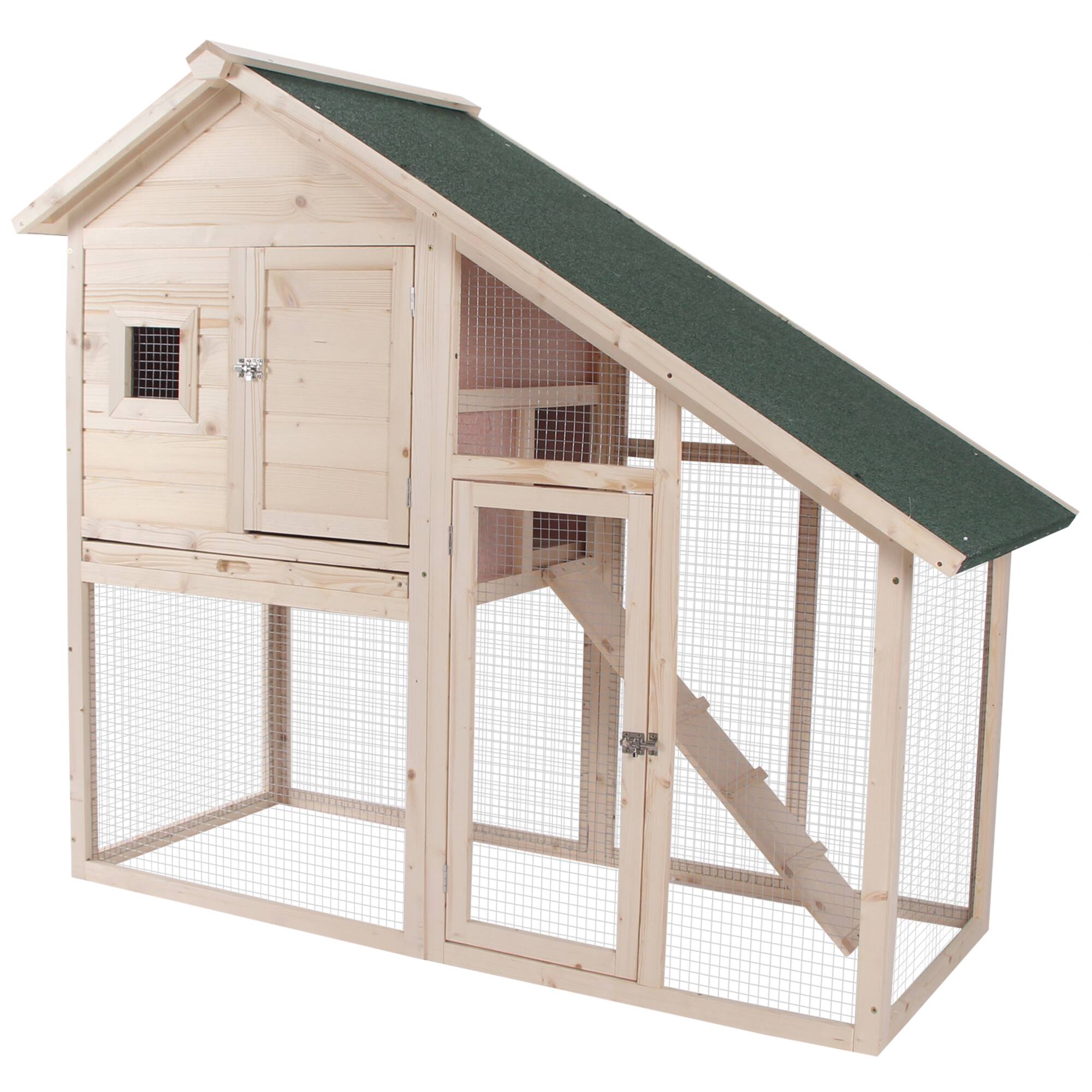 Front. Pawhut - 2 Levels Outdoor Rabbit Hutch, 55" Wooden Large Rabbit Cage with Run, Weatherproof Roof, Removable Tray, Ramp.