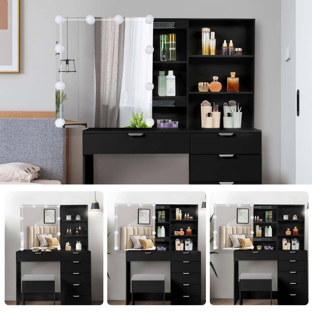 Alt View 3. Winado - Vanity Table Set 10 LED Mirror Makeup Cabinet with 6 Drawer Storage, Open Shelves Dresser Desk - Black.