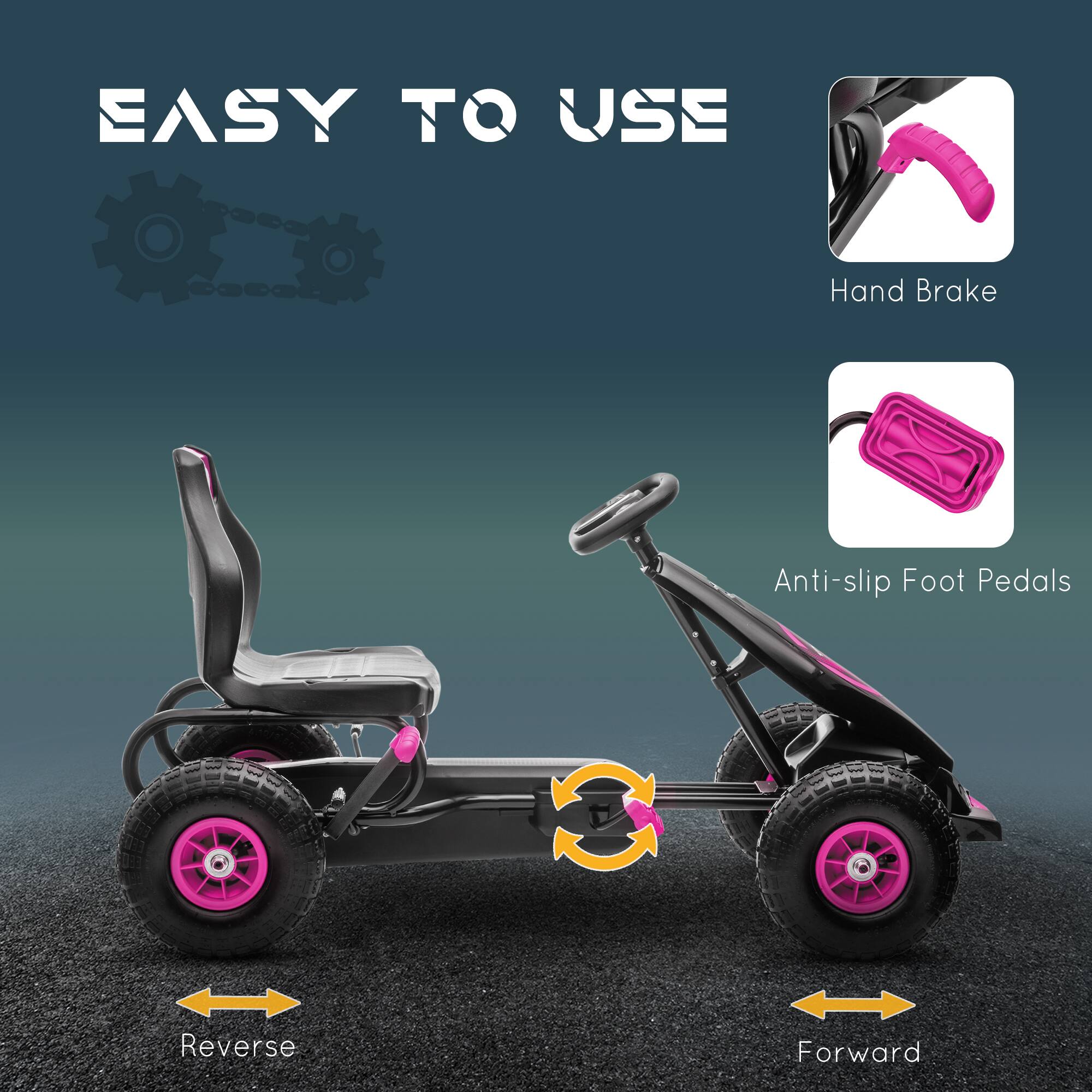 EASY TO USE

- Hand Brake
- Anti-slip Foot Pedals
- Reverse
- Forward