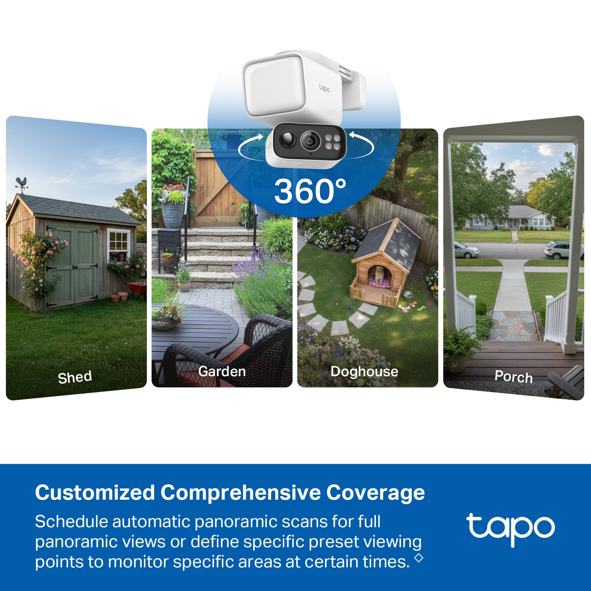 Copo 360 Shed Garden Doghouse Porch Customized Comprehensive Coverage Schedule automatic panoramic scans for full panoramic views or define specific preset viewing points to monitor specific areas at certain times.