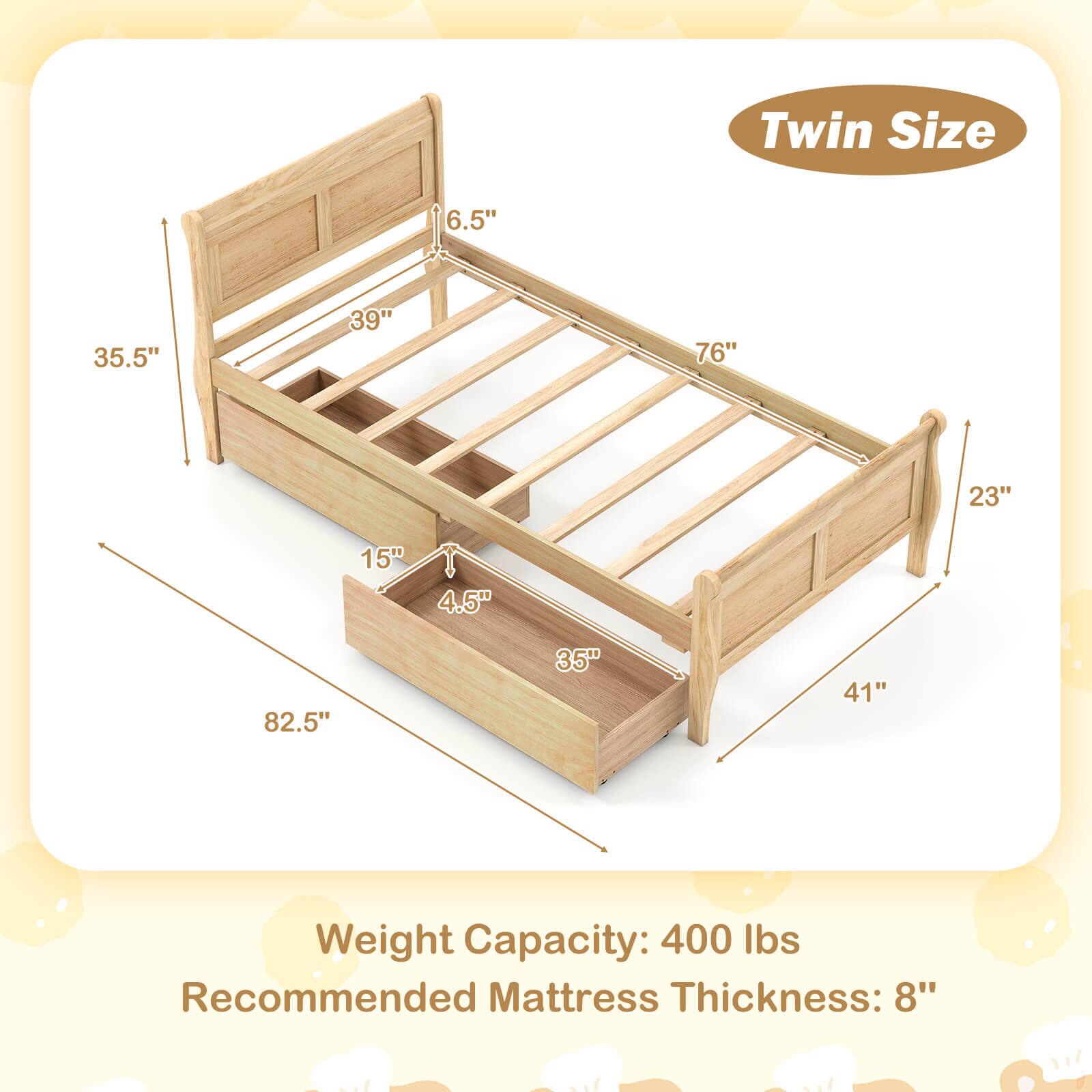 Twin Size

- 6.5"
- 35.5"
- 39"
- 76"
- 23"
- 15"
- 4.5"
- 82.5"
- 35"
- 41"

Weight Capacity: 400 lbs

Recommended Mattress Thickness: 8"