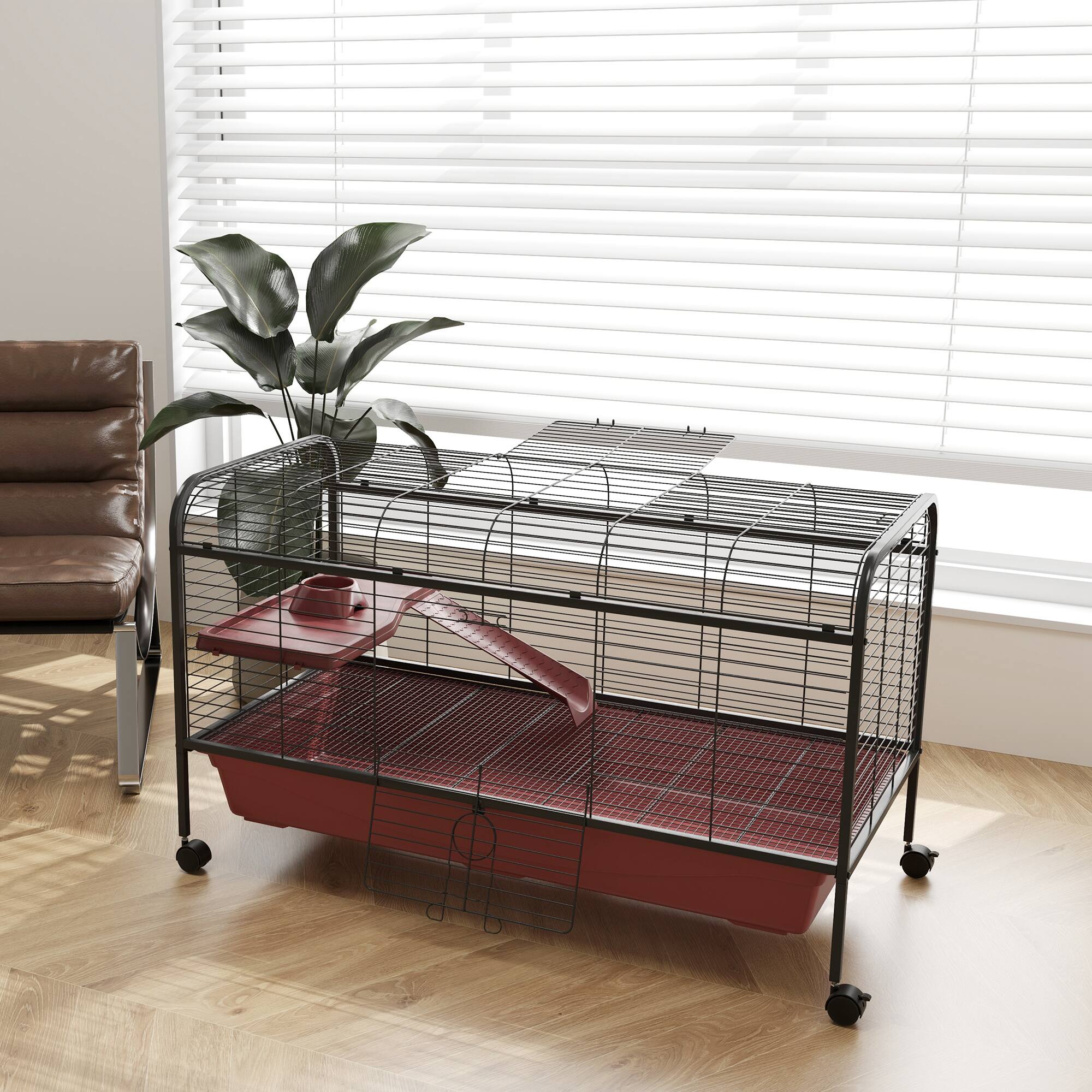 Alt View 5. Pawhut - 48" L Small Animal Cage, Rabbit Hutch, or Ferret Pet Play House with Feeder, Rolling Wheels, Platform, Ramp.