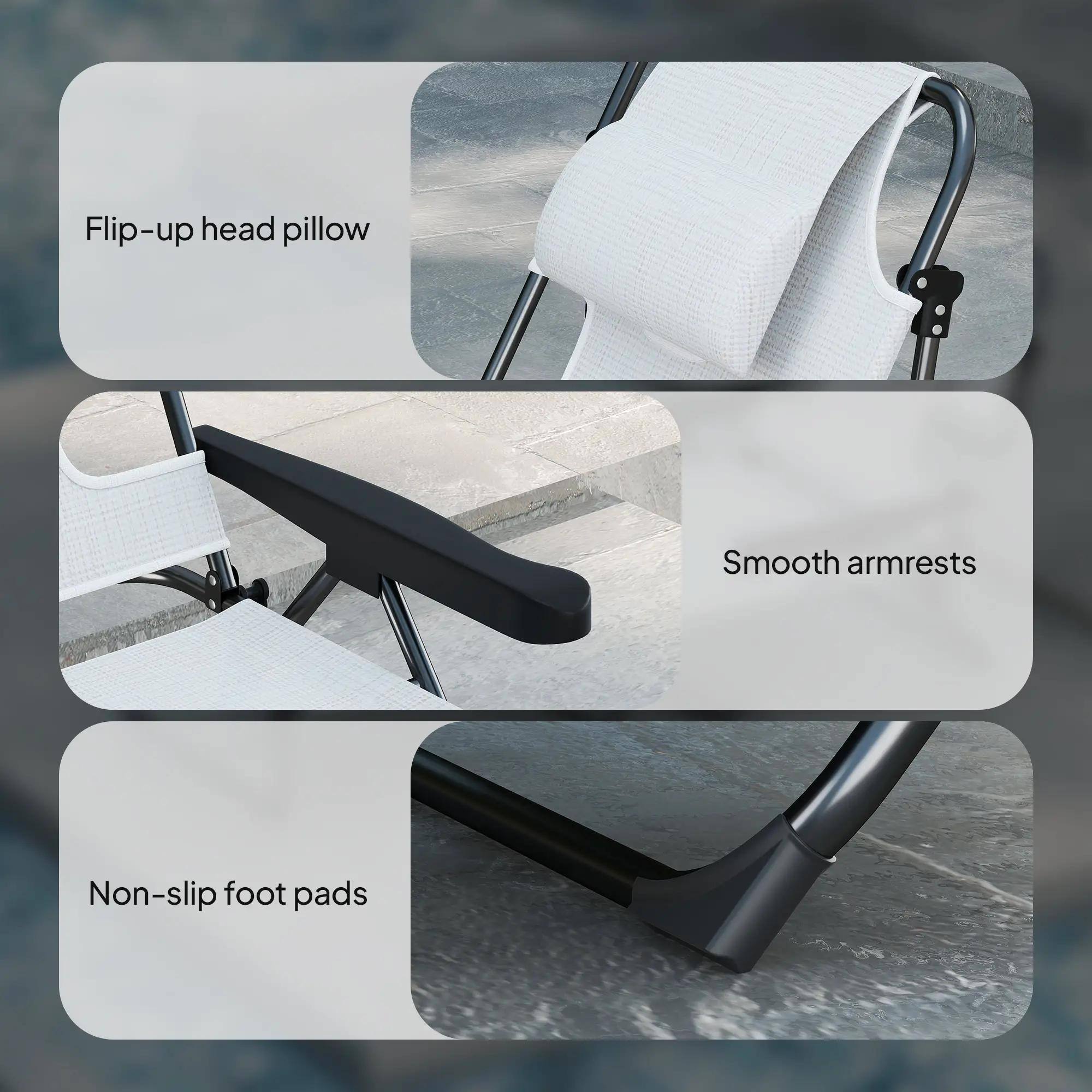 Flip-up head pillow, Smooth armrests, Non-slip foot pads
