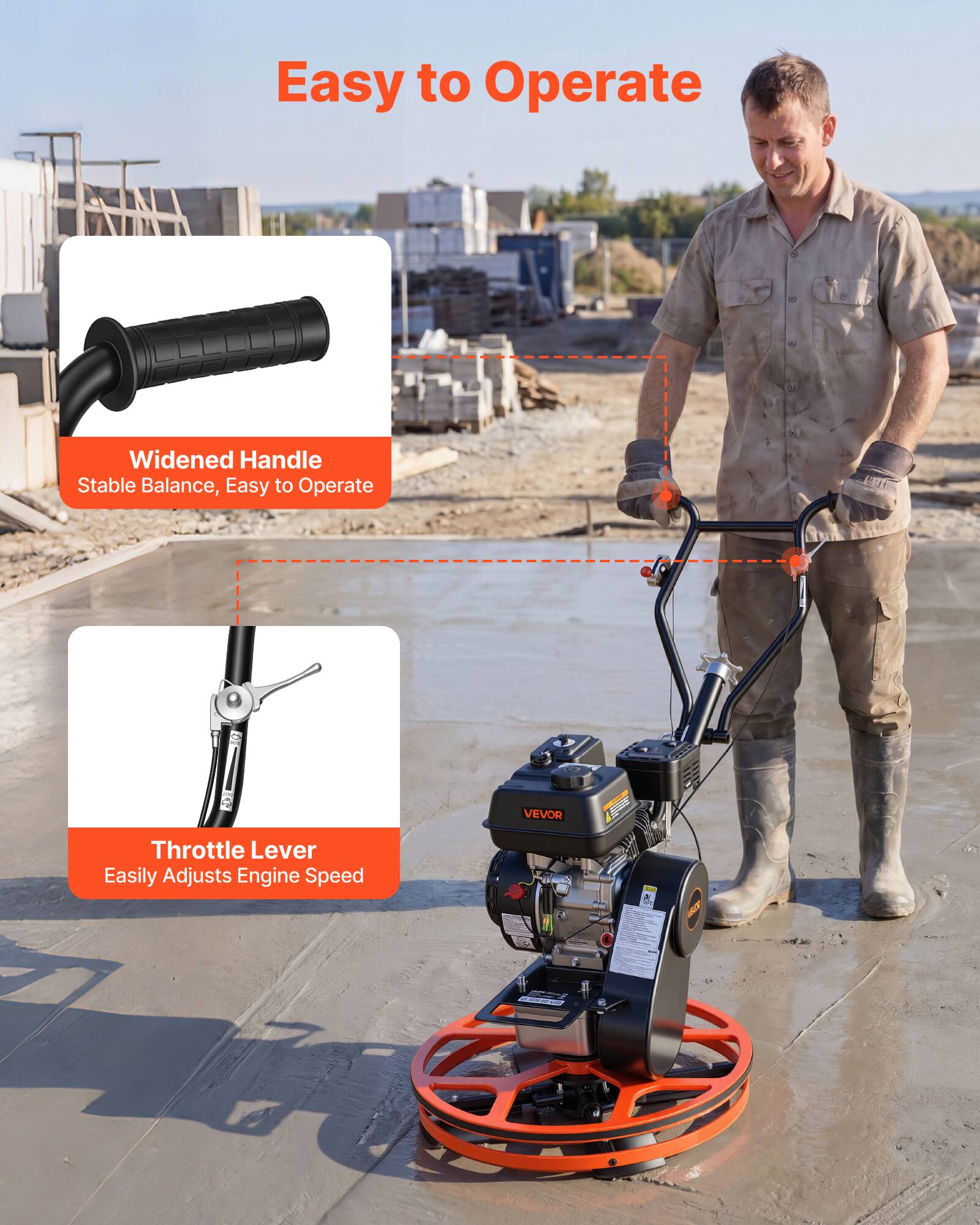 Easy to Operate  
Widened Handle  
Stable Balance, Easy to Operate  

Throttle Lever  
Easily Adjusts Engine Speed  

VEVOR