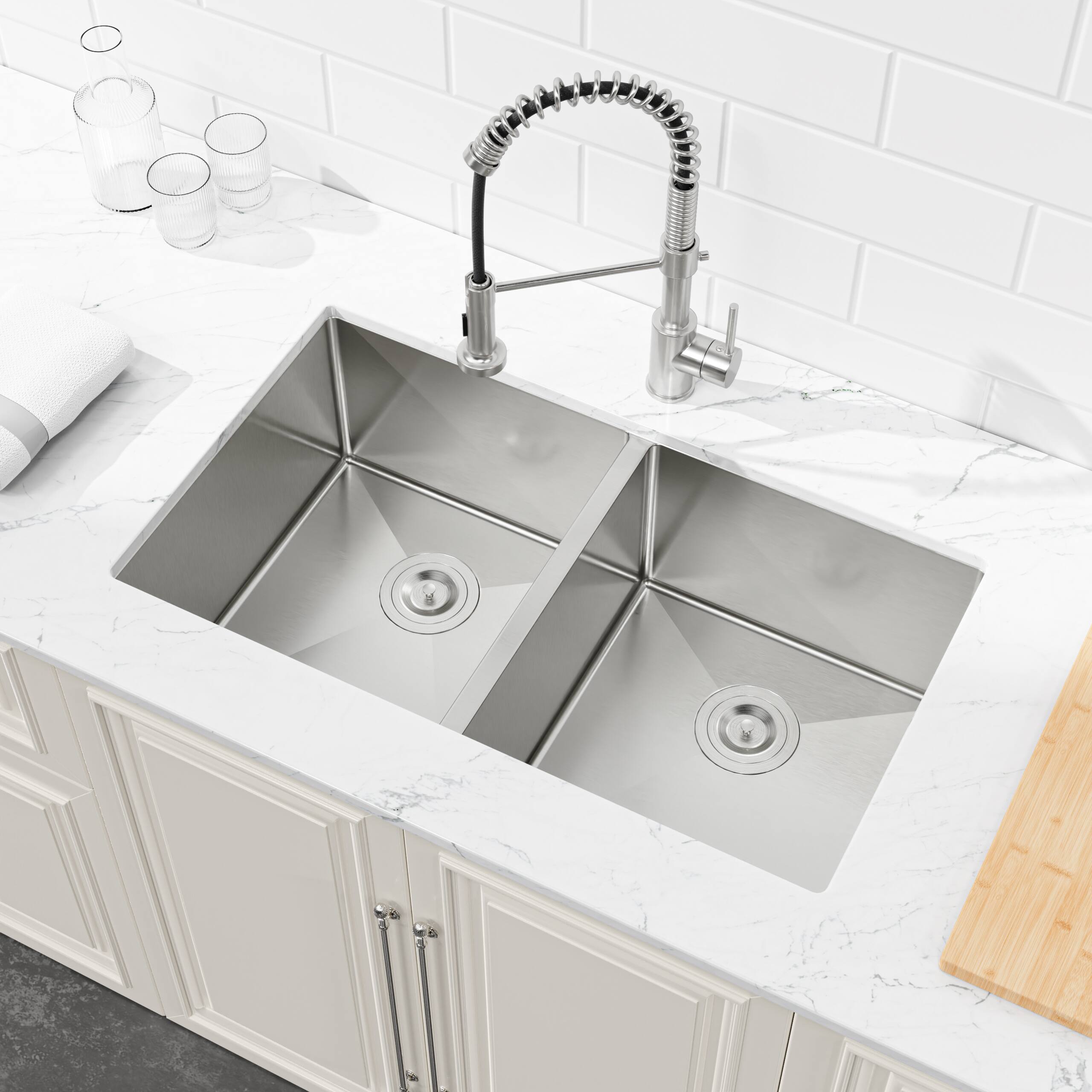 Alt View 1. Siljoy - 33"x19" Embedded Double Bowl Kitchen Sink, Undermount Handmade Sink in Brushed (Sink only) - Gray.