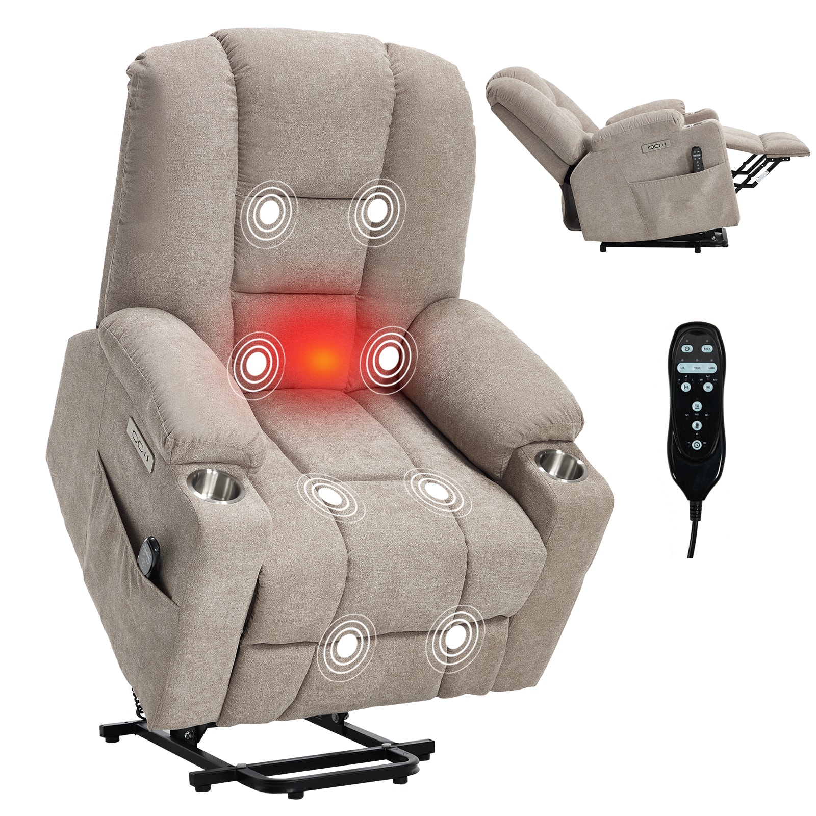 Akoasm - Power Lift Massage Chair with Heat, Overstuffed Wide Recliner Chair, USB and Type C Ports, 2 Cup Holders - Khaki
