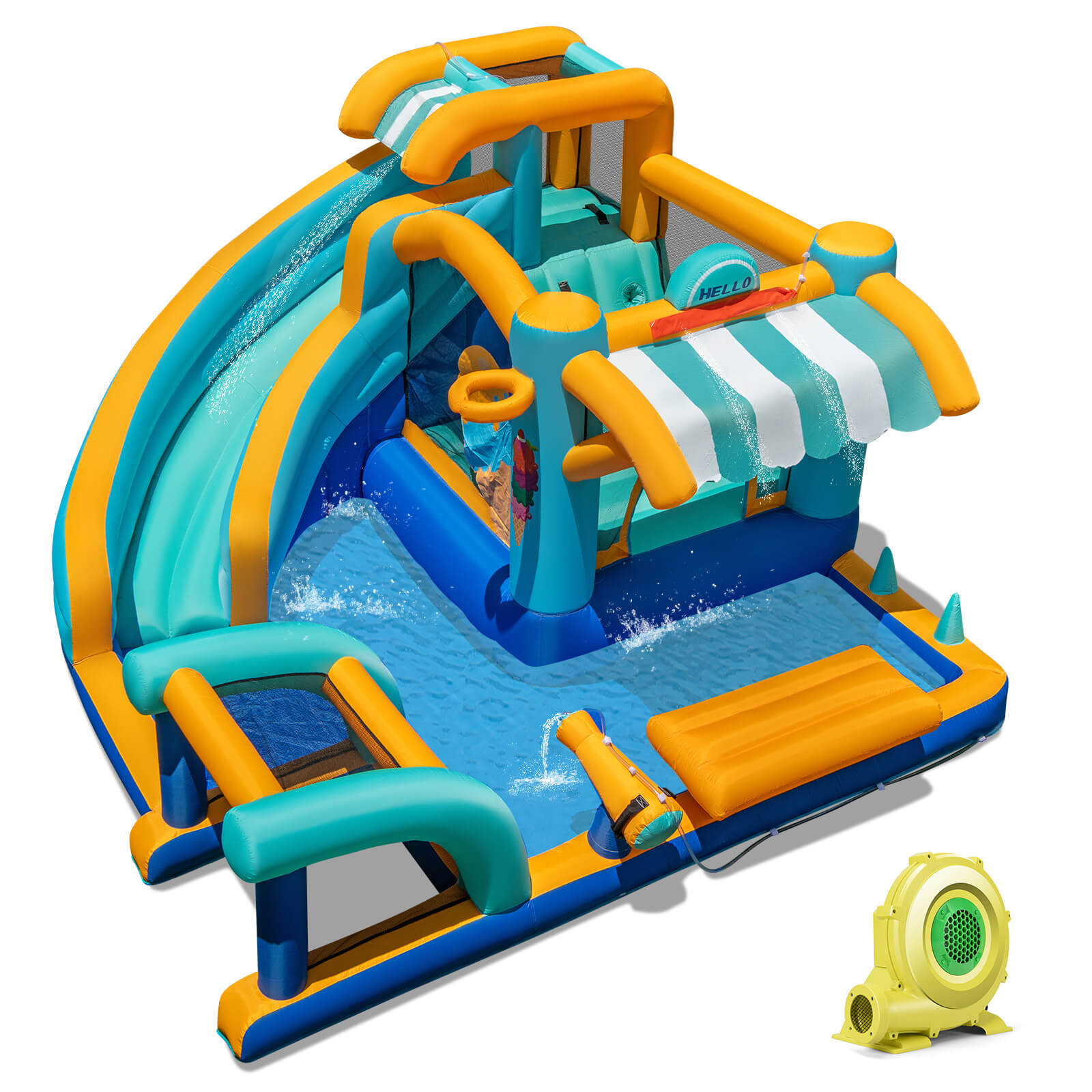 Costway - Inflatable Water Park with Market Stand Climbing Wall Basketball Rim 735W Blower - Multicolor