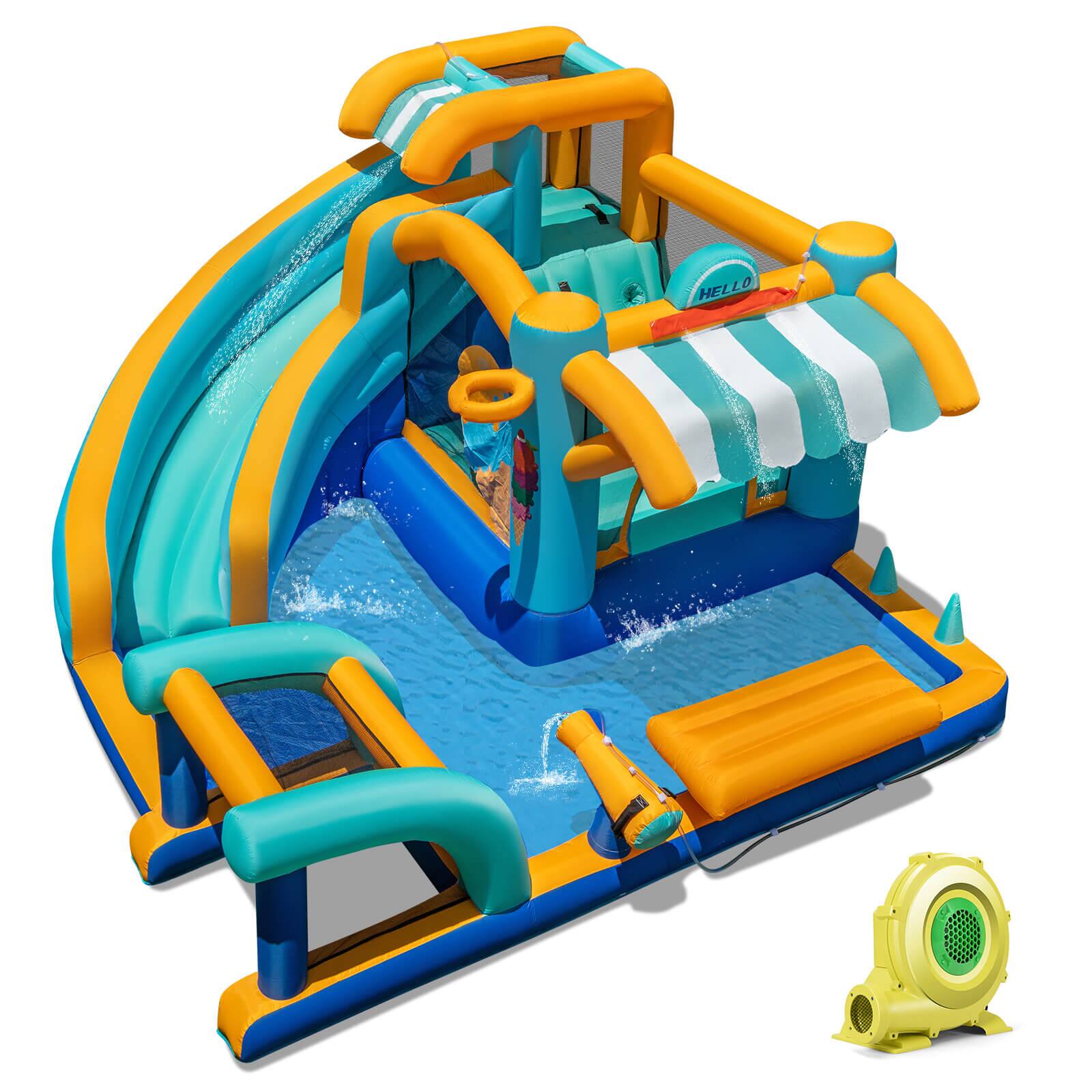 Front. Costway - Costway Inflatable Water Park with Market Stand Climbing Wall Basketball Rim 735W Blower - Multicolor.