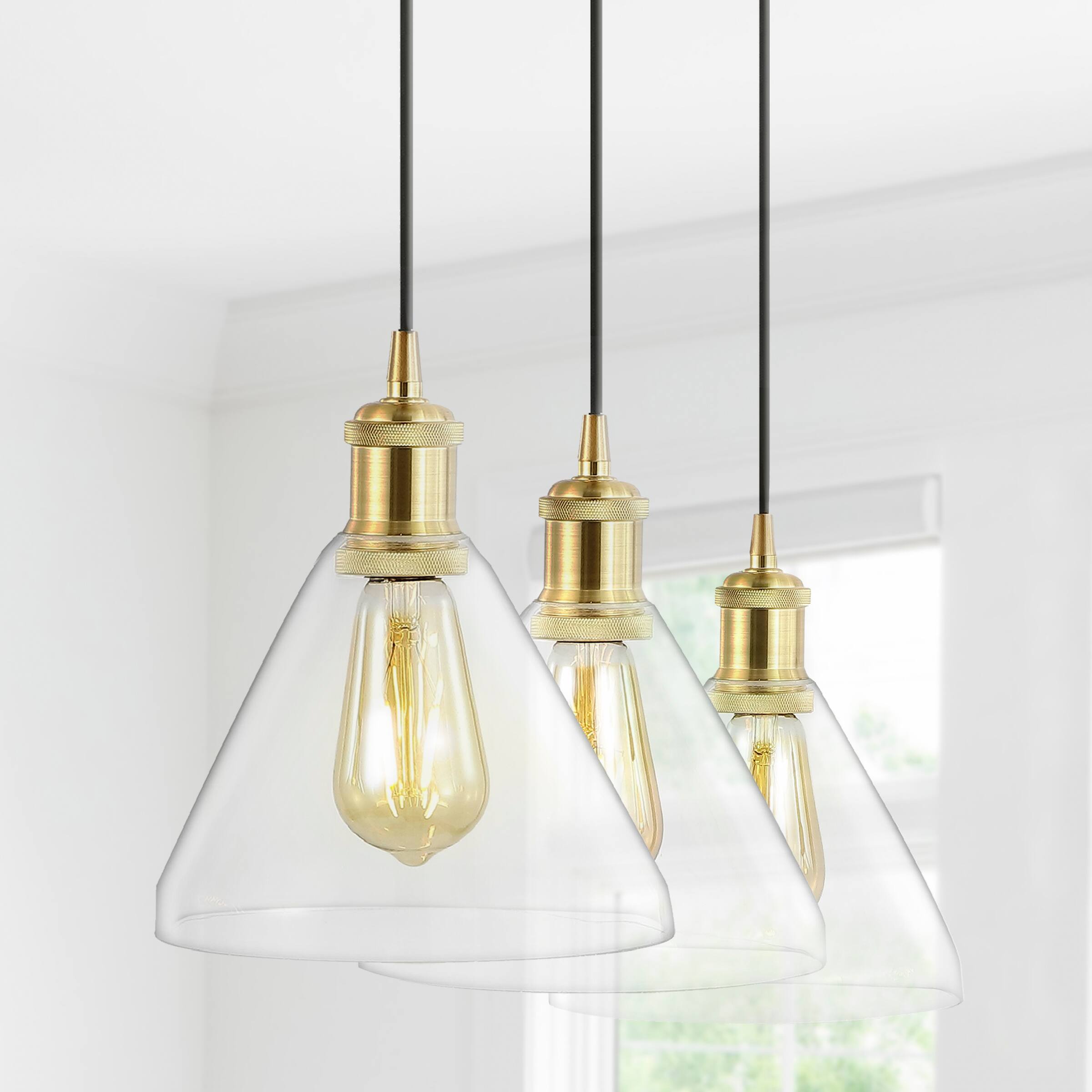 Alt View 1. Jonathan Y - Kiawah Island 30.5" 3-Light Metal/Glass Contemporary Modern LED Pendant, Brass Gold/Black - Brass Gold/Black.