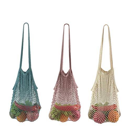 Front. DORLUKFU - Net Shopping Bag Reusable Grocery Bags Net Storage Bag Long Handle Cotton Mesh Net Tote Bag Fruit Vegetable Net Bags - Colourful C.