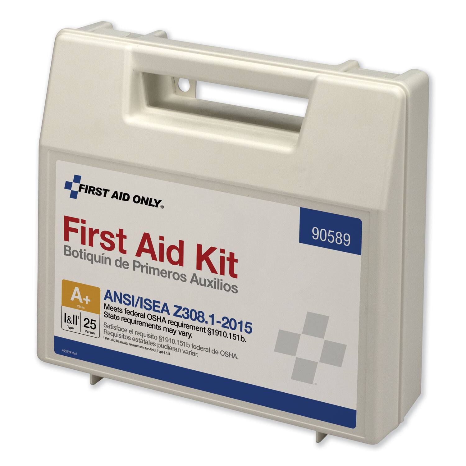 FIRST AID ONLY  
First Aid Kit  
Botiquín de Primeros Auxilios  

A+  
ANSI/ISEA Z308.1-2015  
Meets federal OSHA 1910.151b.  
State requirements may vary.  
Satisface el requisito federal OSHA 1910.151b.  
Requisitos estatales pueden variar.  

I&II 25  
Type