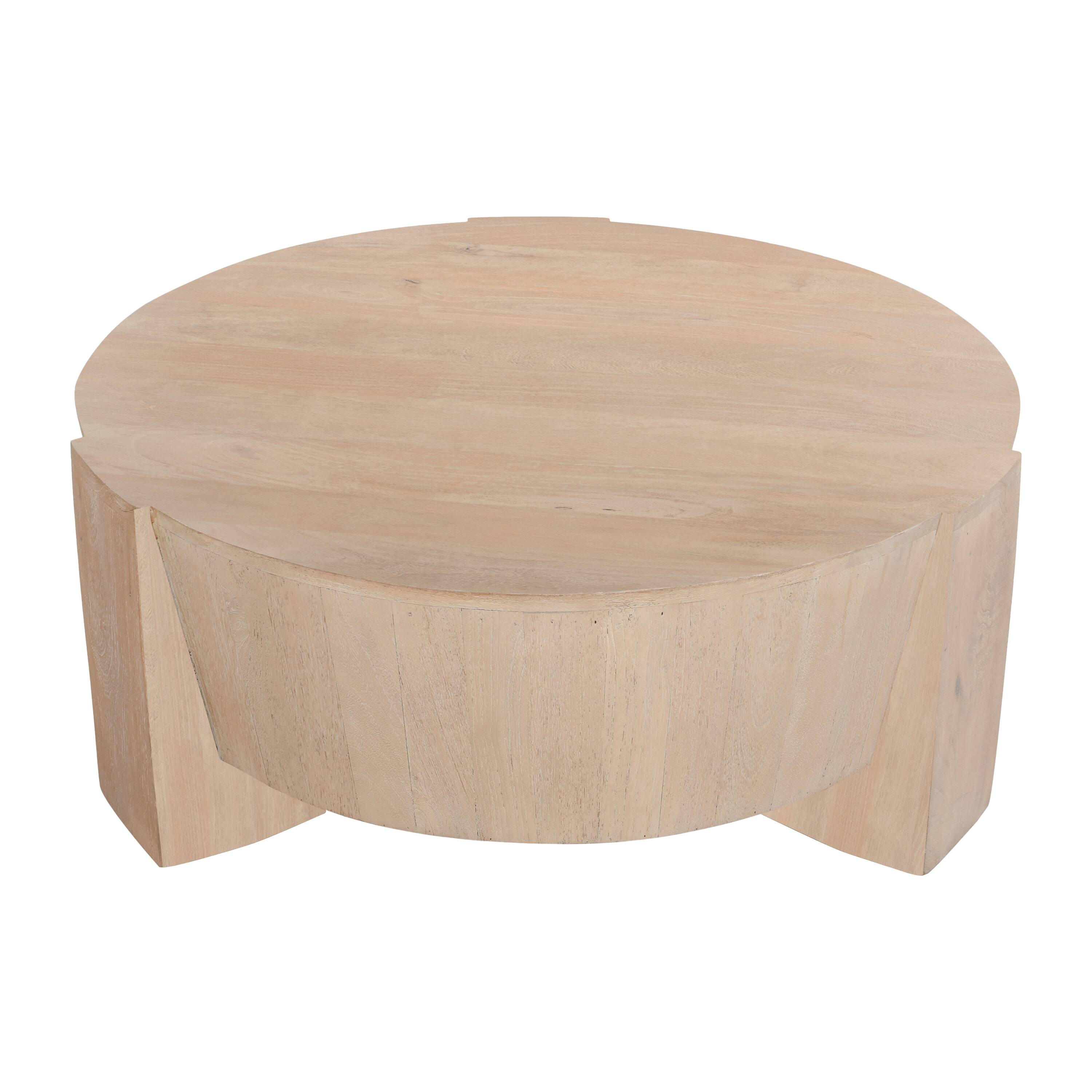 Alt View 1. Manhattan Lane - Joana Coffee Table, 35 Inch Round Drum Shape with 3 Legs, Sandblasted Mango Wood - Natural Brown.