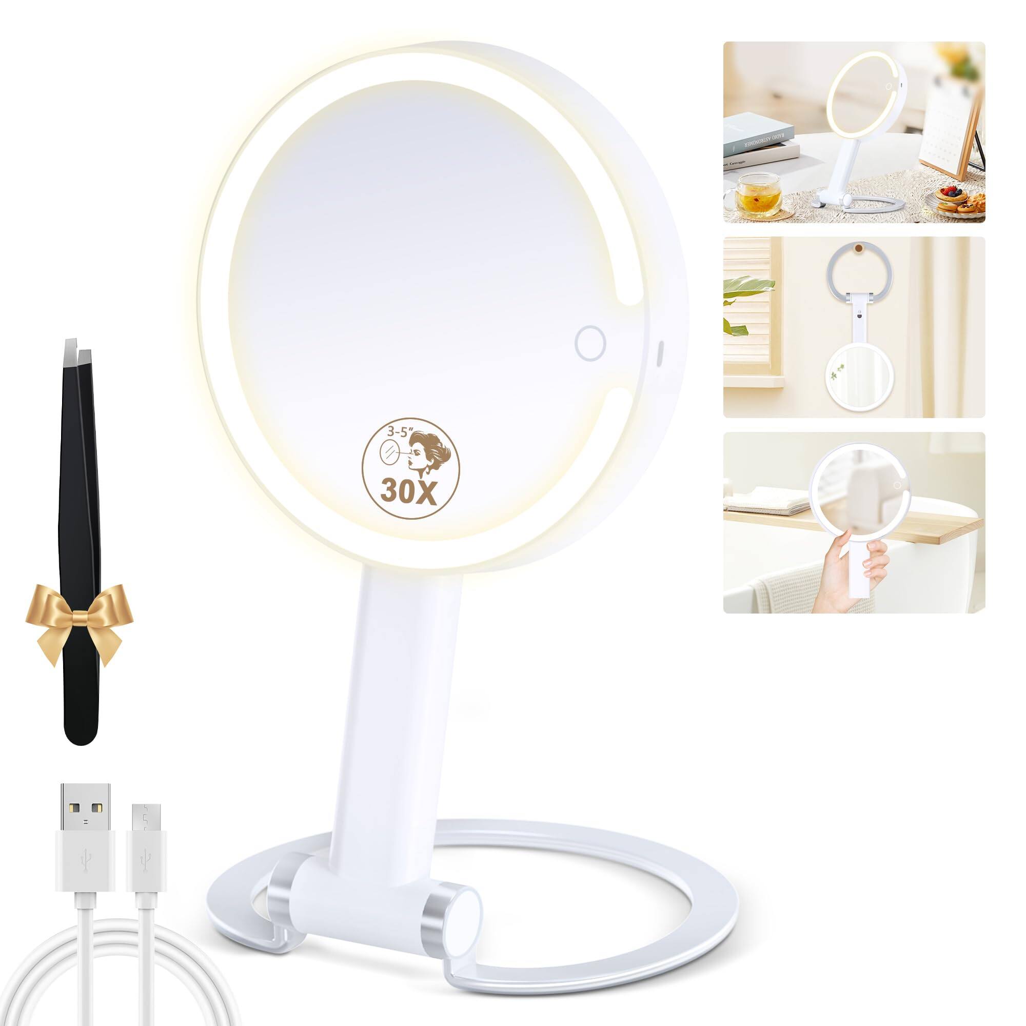 Pacoar Cade - Magnifying Mirror With Light /Lighted Makeup Magnification Make Up Mirrors Stand Double Sided Magnified Travel Lights - White-30x