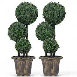 Costway - 2 PCS 2.5 FT Artificial Boxwood Topiary Tree, Sun-Protective Triple Ball Shrubs - Green, Black, Golden