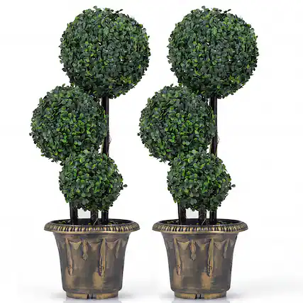 Front. Costway - Costway 2 PCS 2.5 FT Artificial Boxwood Topiary Tree, Sun-Protective Triple Ball Shrubs - Green, Black, Golden.