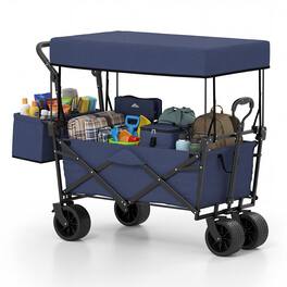 Costway - Folding Utility Wagon with Detachable Canopy, Collapsible Garden Cart with Adjustable Push & Pull Handles - Blue+Black