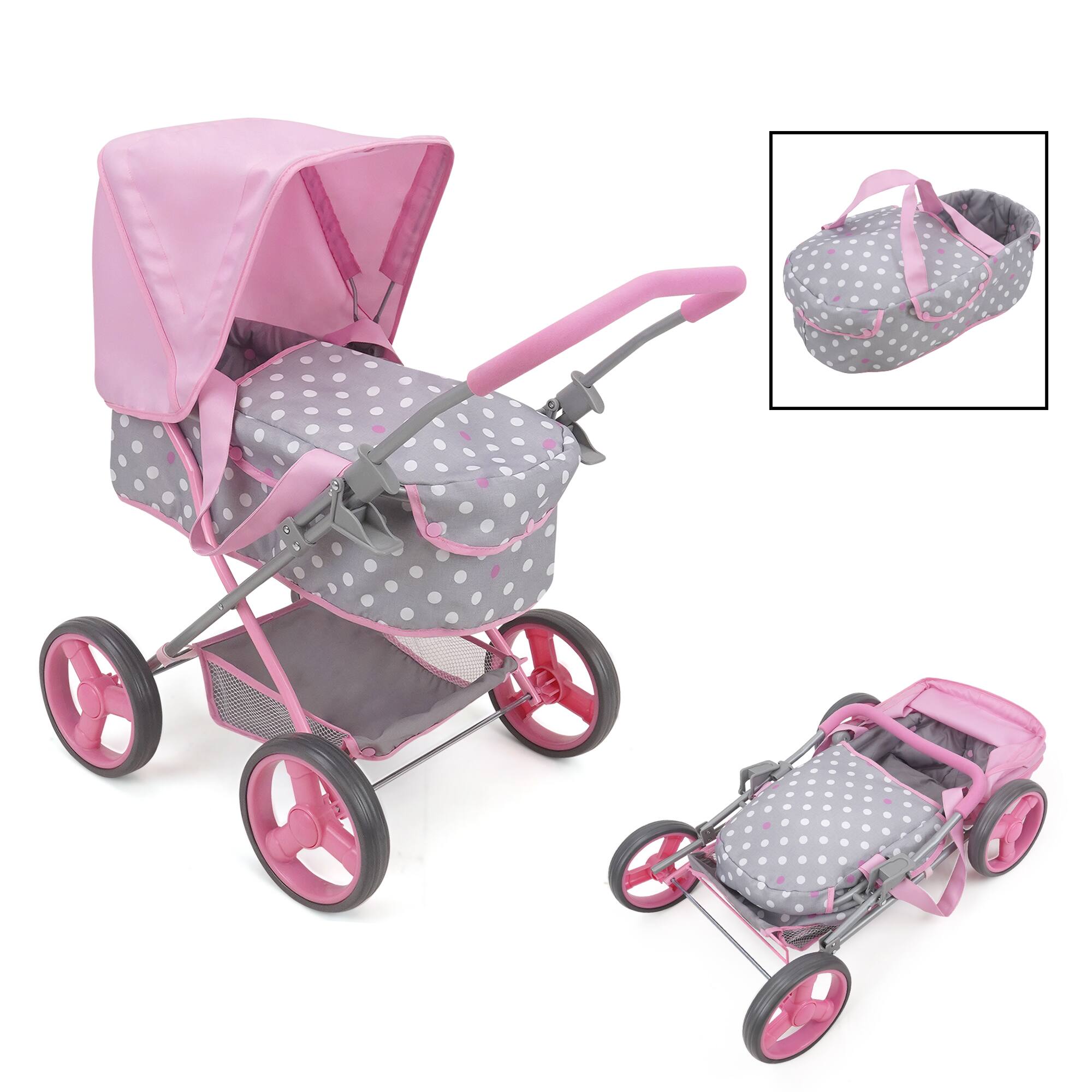 Angle. 509 Crew - 509 Crew - Cotton Candy Pink Doll Pram in Grey Polka Dots Fits Dolls 18''.