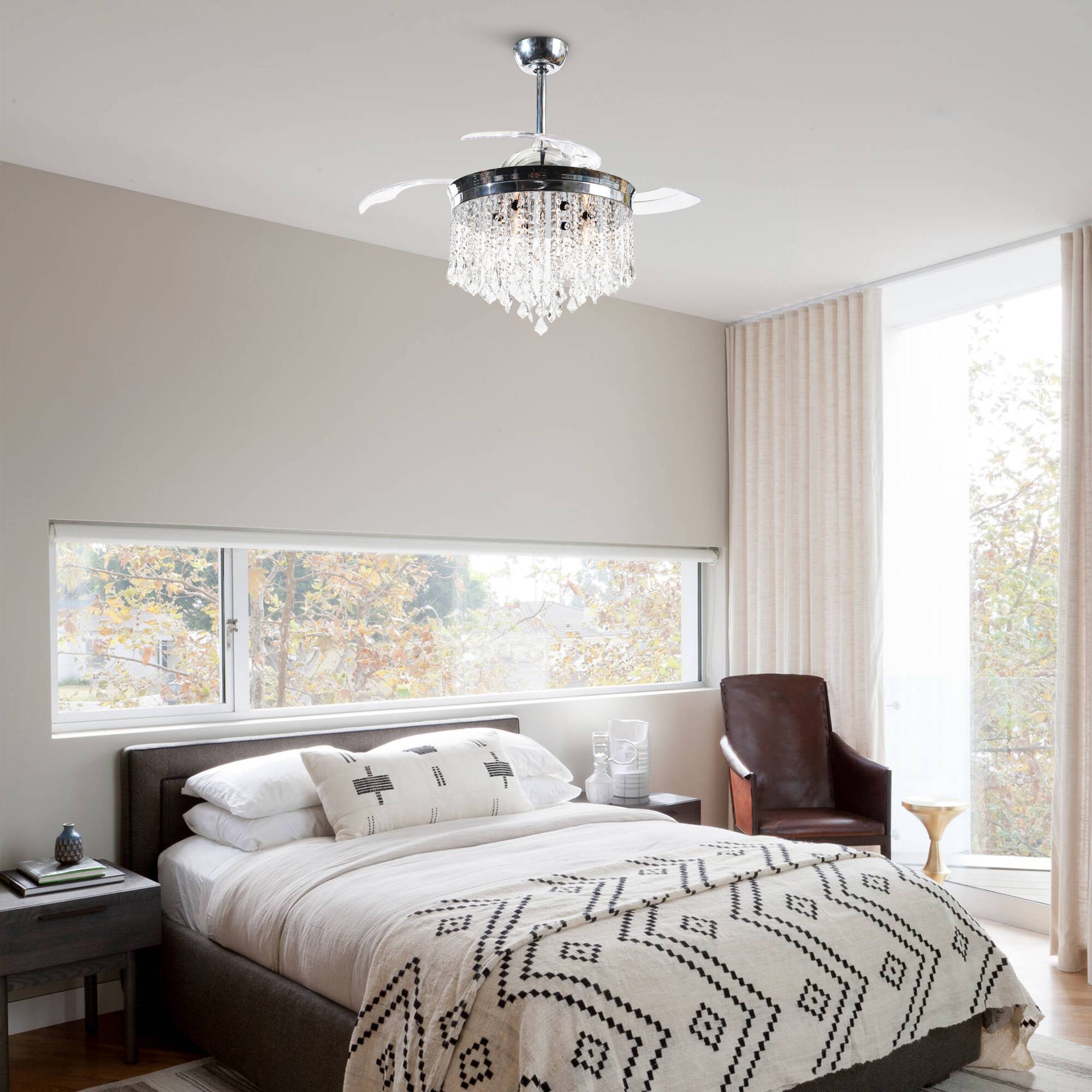 Left. Parrot Uncle - 42" Modern Chrome Crystal Ceiling Fan Chandelier with Remote - Chrome.