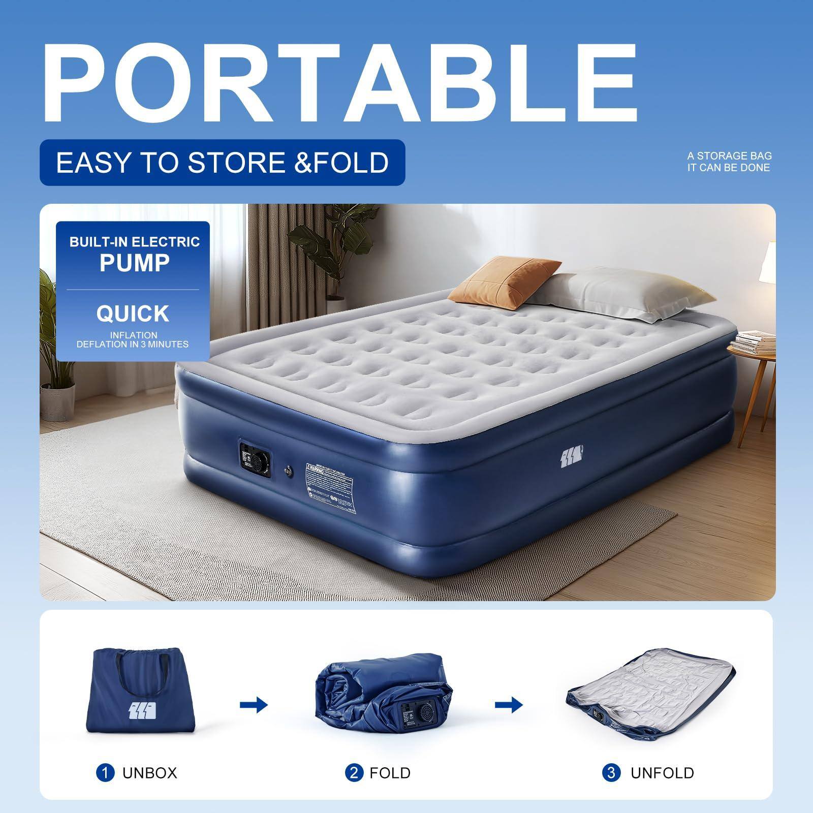 PORTABLE  
EASY TO STORE & FOLD  

BUILT-IN ELECTRIC PUMP  
QUICK INFLATION & DEFLATION IN 3 MINUTES  

1 UNBOX  
2 FOLD  
3 UNFOLD  

A STORAGE BAG  
IT CAN BE DONE