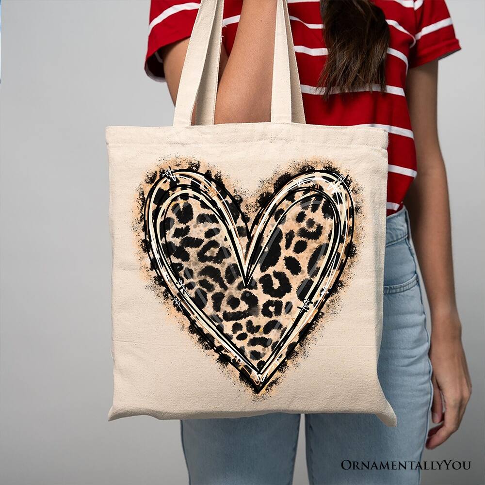 Left. OrnamentallyYou - Leopard Heart Valentine Canvas Tote Bag, Love Design Shopper - Beige.