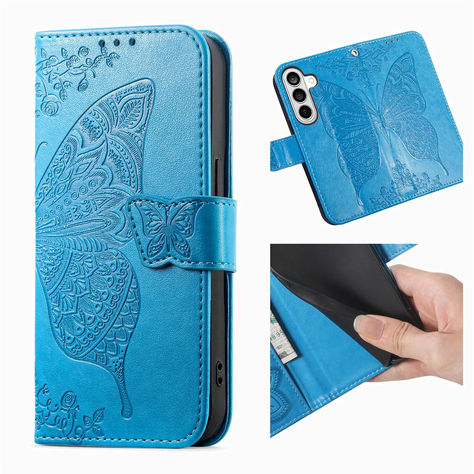 Alt View 1. Dteck - Wallet Case for Samsung Galaxy S25, Embossed Butterfly Pattern Leather Card Slots Flip Stand Cover+Strap - Blue.