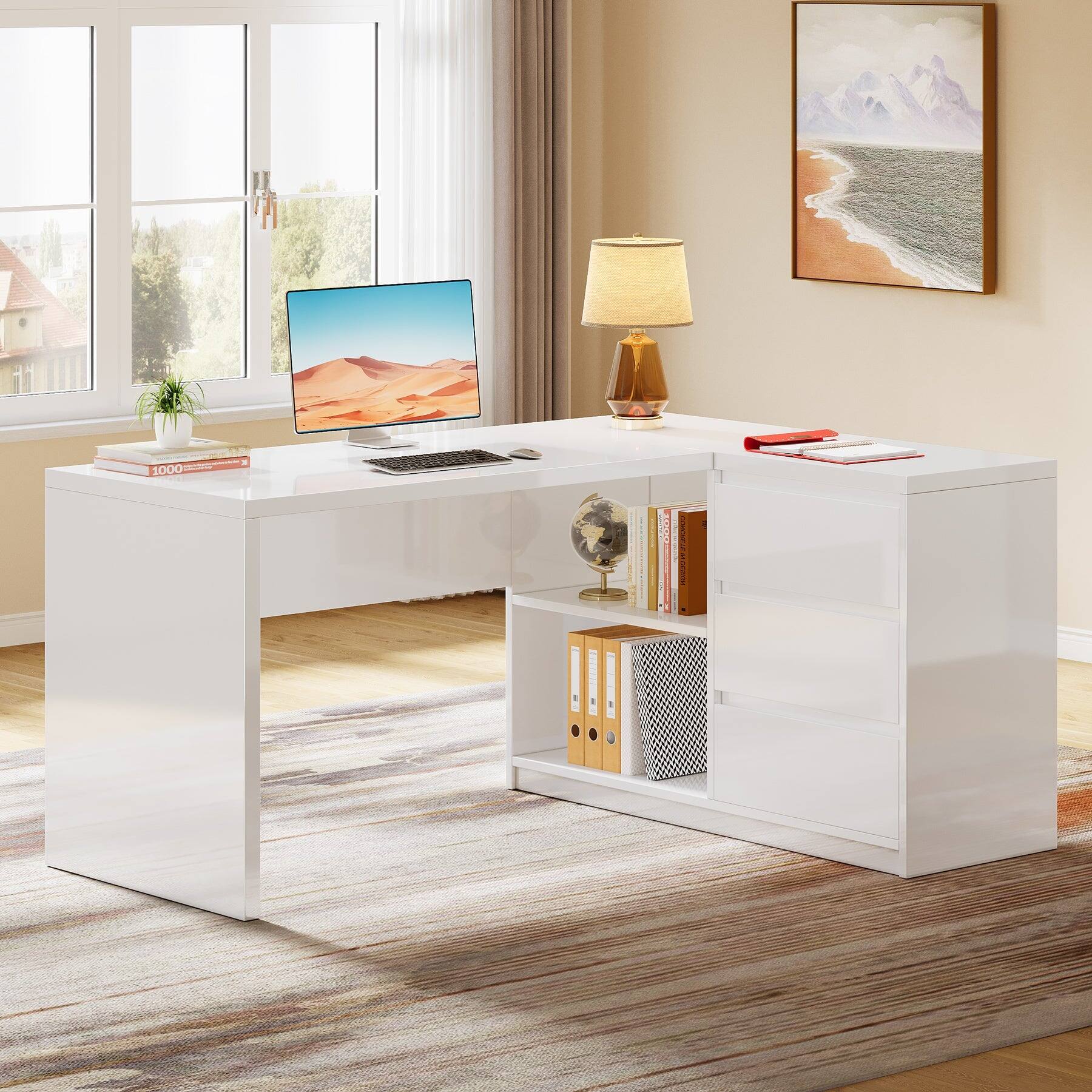 Alt View 1. Tribesigns - Office Executive Desk with Engineered Wood Construction, Storage Drawers, for Computer Work and Writing in Home Offices - White.