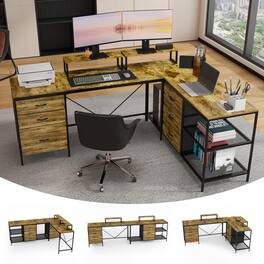 GOODSILO - Large L-Shaped Office Desk with Power Outlets and Ample Storage for Home Office and Gaming Setup - Brown