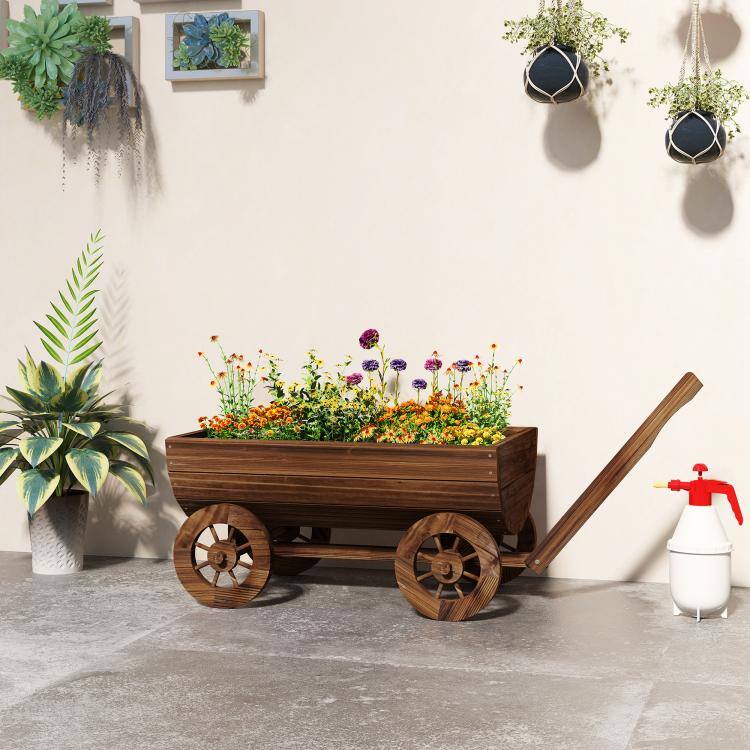 Alt View 2. PULUZ - Wooden Wagon Planter Box, Mobile Garden Planter with 4 Wheels, Small Wheelbarrow Wagon Flower Cart with Drainage Hole - Carbonized.