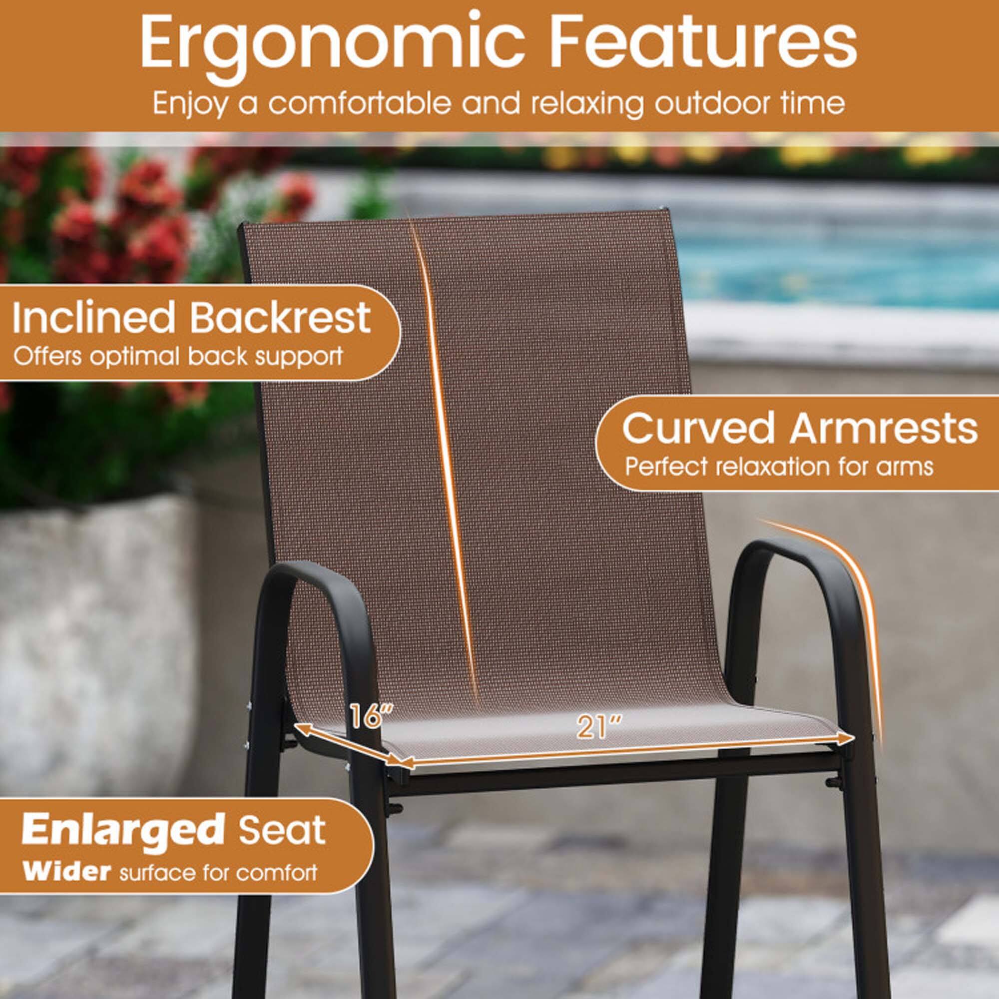 Ergonomic Features  
Enjoy a comfortable and relaxing outdoor time  

- Inclined Backrest  
  Offers optimal back support  

- Curved Armrests  
  Perfect relaxation for arms  

- Enlarged Seat  
  Wider surface for comfort  

16"  
21"