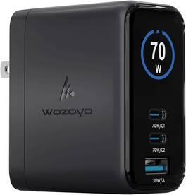 Wozoyo - 70W Smart LED GaN Charger, 2X Type-C & USB-A, Superfast 2.0, PD/PPS/QC 3.0, Foldable Plug, iPhone, iPad, Black - Black