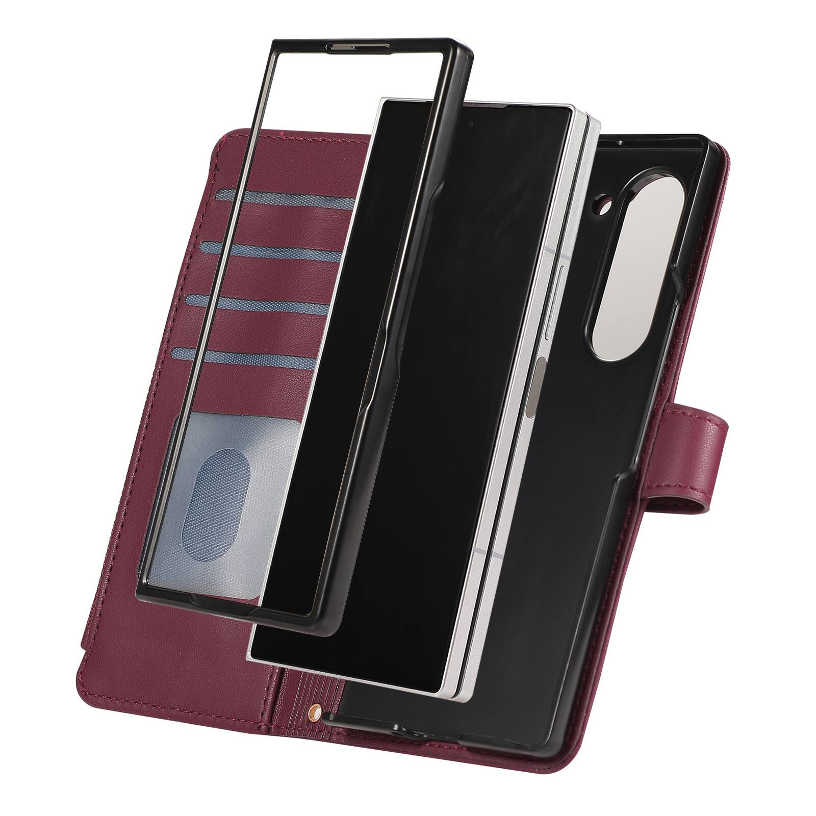 Angle. Dteck - Shockproof Wallet Case for Samsung Galaxy Z Fold7 with Crossbody Strap, Zipper Pocket PU Leather TPU Folio Stand Cover - Winered.