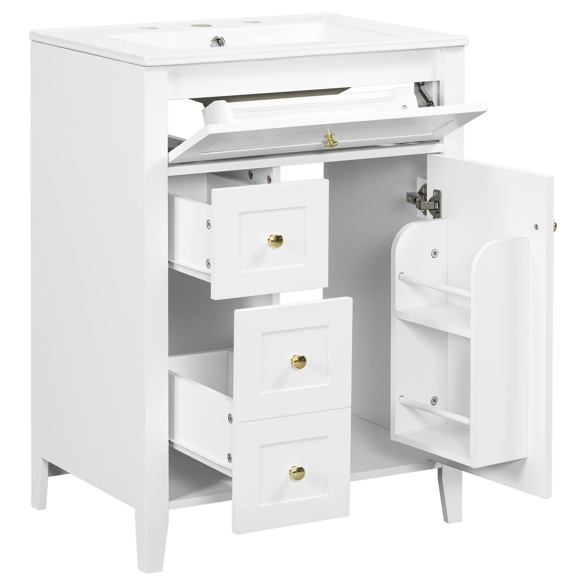 Alt View 6. JUJABU - White 24" Modern Bathroom Vanity with Ceramic Sink and Soft-Close Door - White.