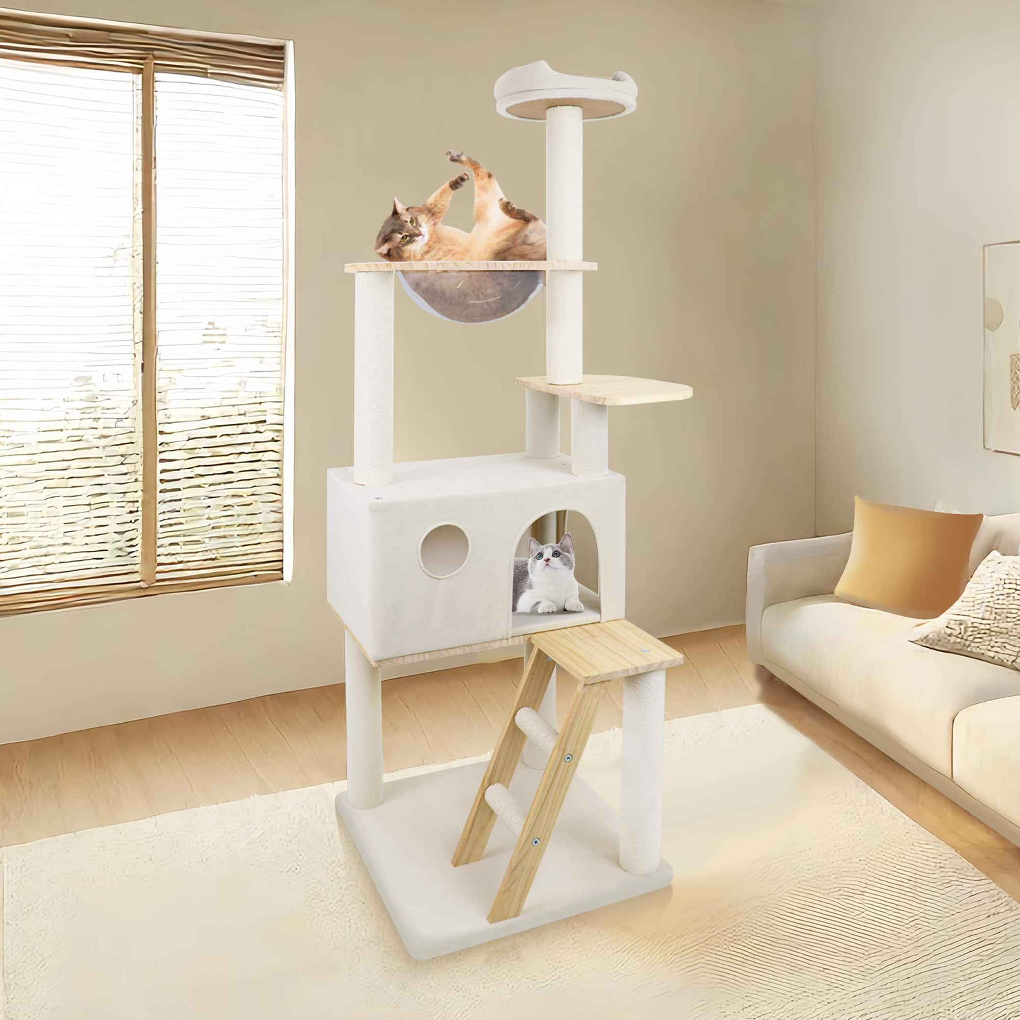 Siljoy - Modern Wood Cat Tree with Transparent Spacecraft Hut, Heavy Duty Frame & 8 Fully Wrapped Sisal Posts