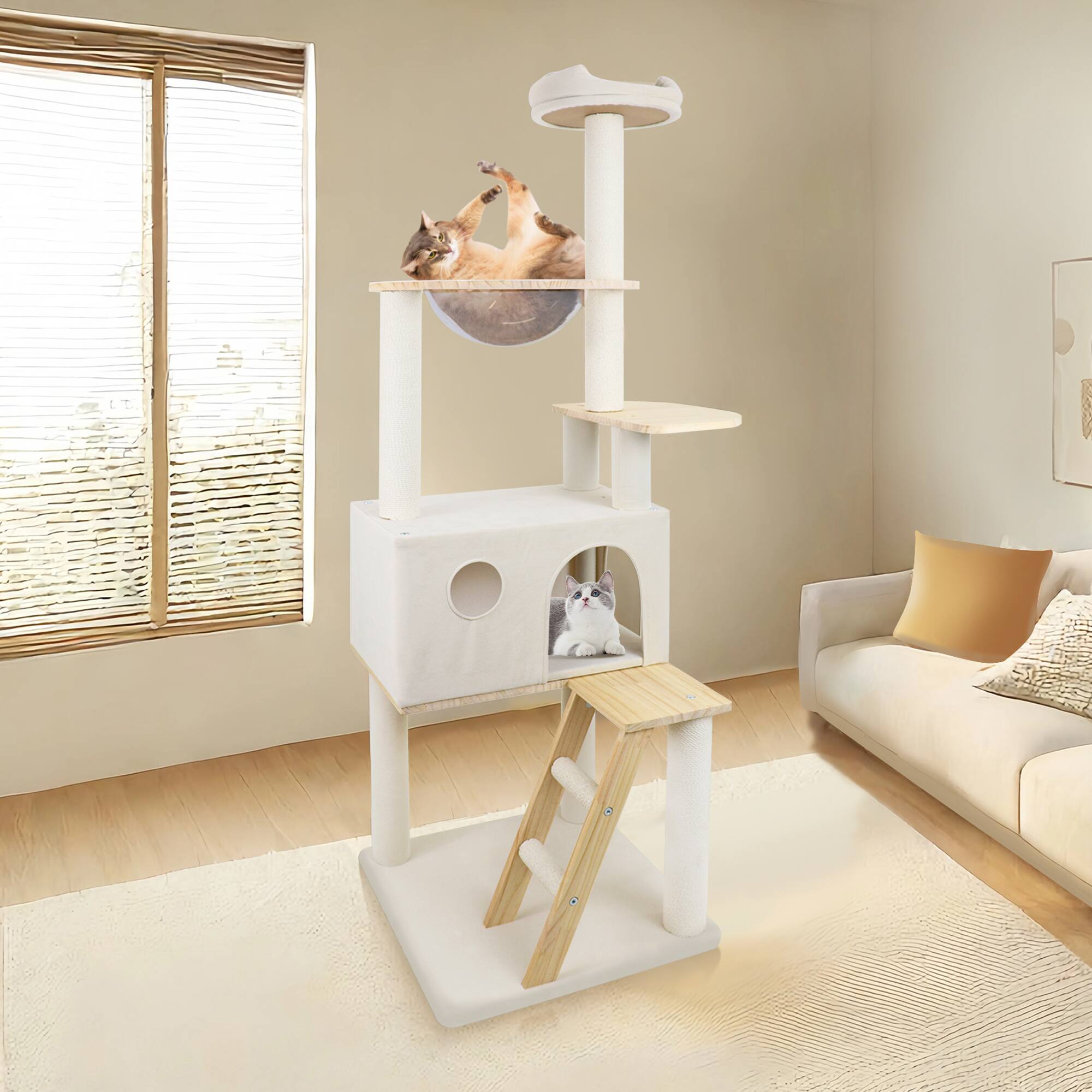 Front. Siljoy - Modern Wood Cat Tree with Transparent Spacecraft Hut, Heavy Duty Frame & 8 Fully Wrapped Sisal Posts.
