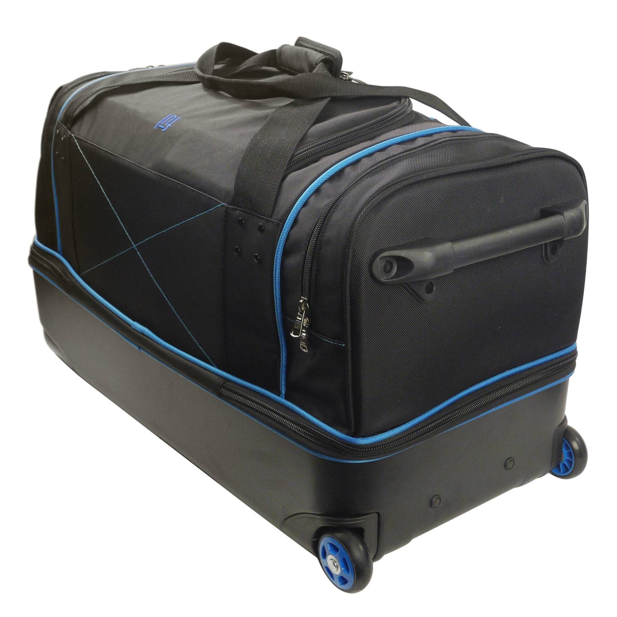 Angle. Ful - Workhorse 30in Rolling Duffel Bag, Retractable Pull Handle, Split Level Storage - BLACK AND BLUE.