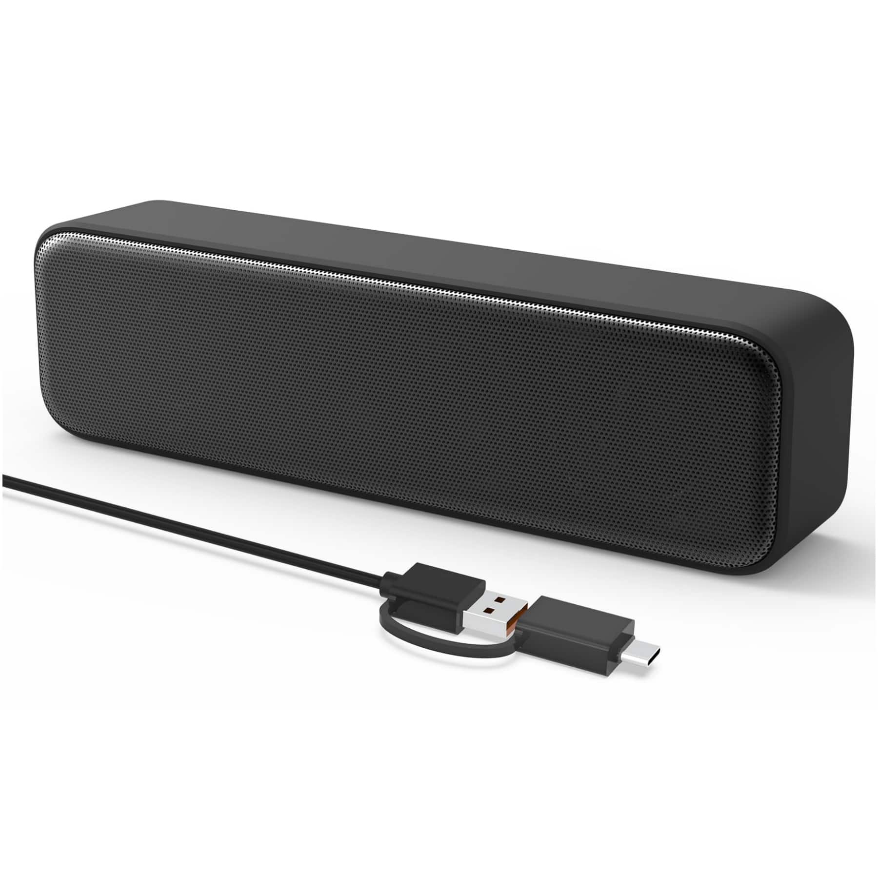 Dazzed Corner - Mini USB Computer Soundbar Speakers with Deep Bass & USB-C Adapter - Black