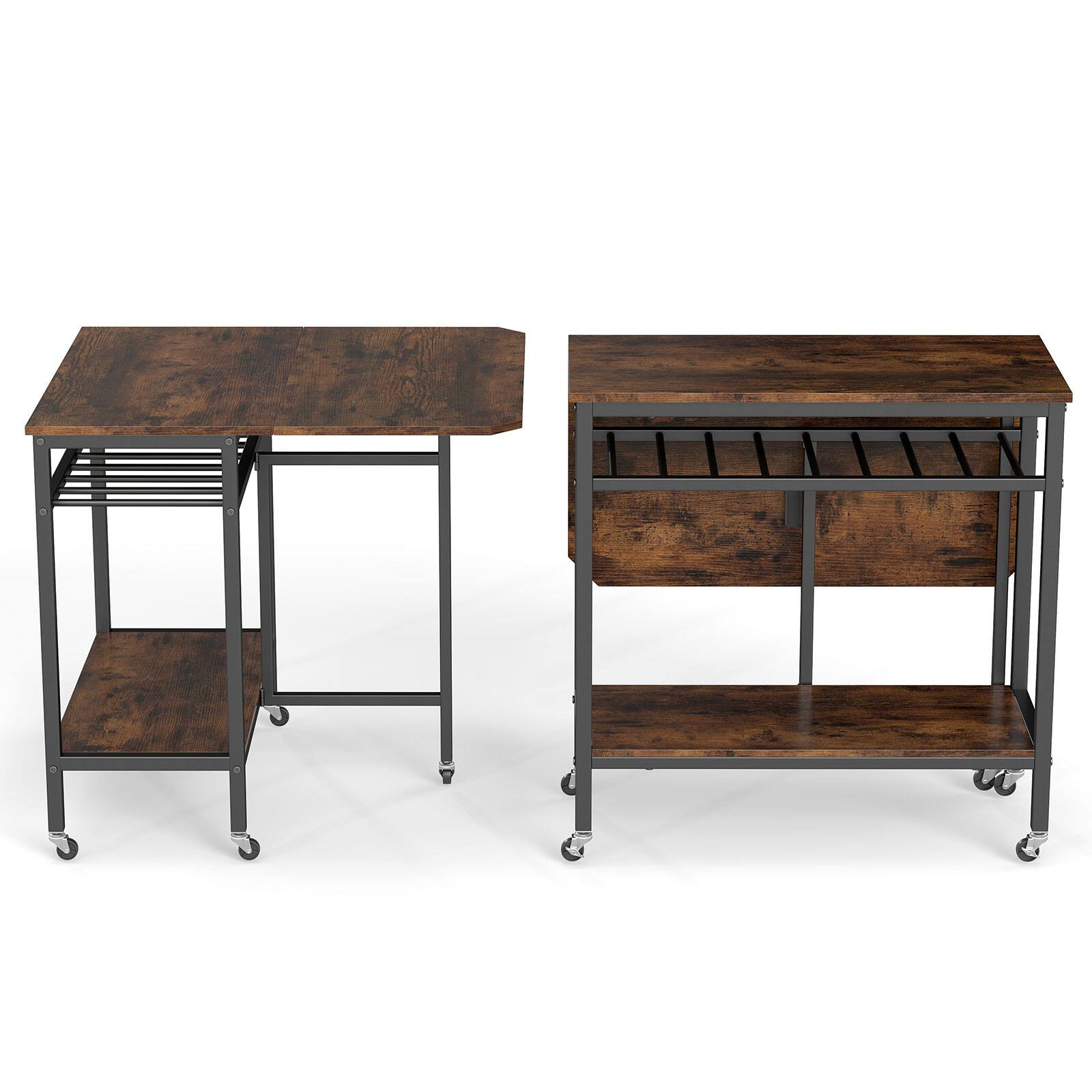 Alt View 9. Gymax - Gymax Folding Dining Table Movable Kitchen Table w/ Wine Rack Storage Shelf & Wheels - Brown.