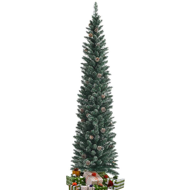 Front. WELLFOR - 7ft Snow Flocked Pencil Christmas Tree, Unlit Artificial Tree with 267 Branch Tips Holiday Indoor Decoration - Green.