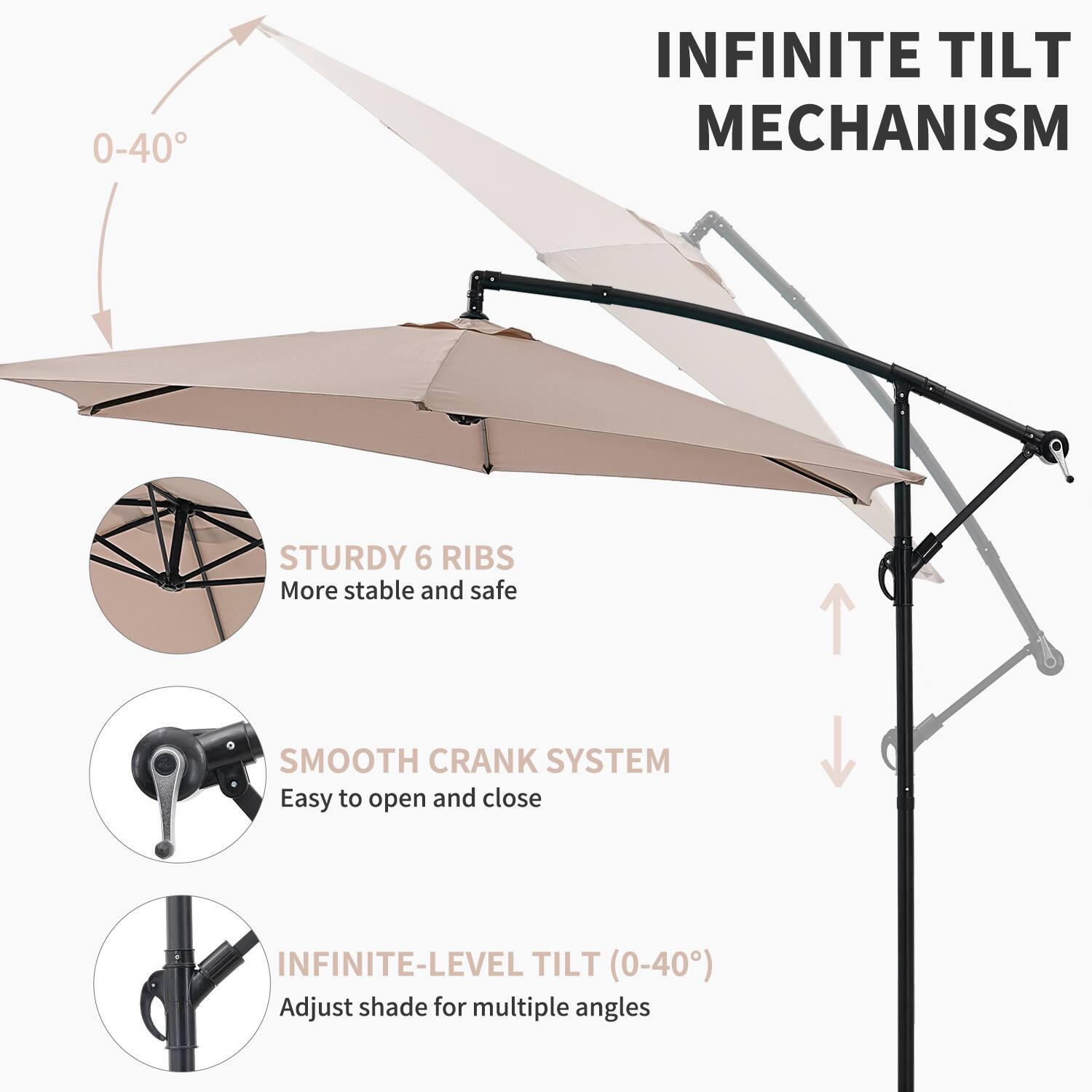 - INFINITE TILT MECHANISM
- STURDY 6 RIBS
  - More stable and safe
- SMOOTH CRANK SYSTEM
  - Easy to open and close
- INFINITE-LEVEL TILT (0-40°)
  - Adjust shade for multiple angles