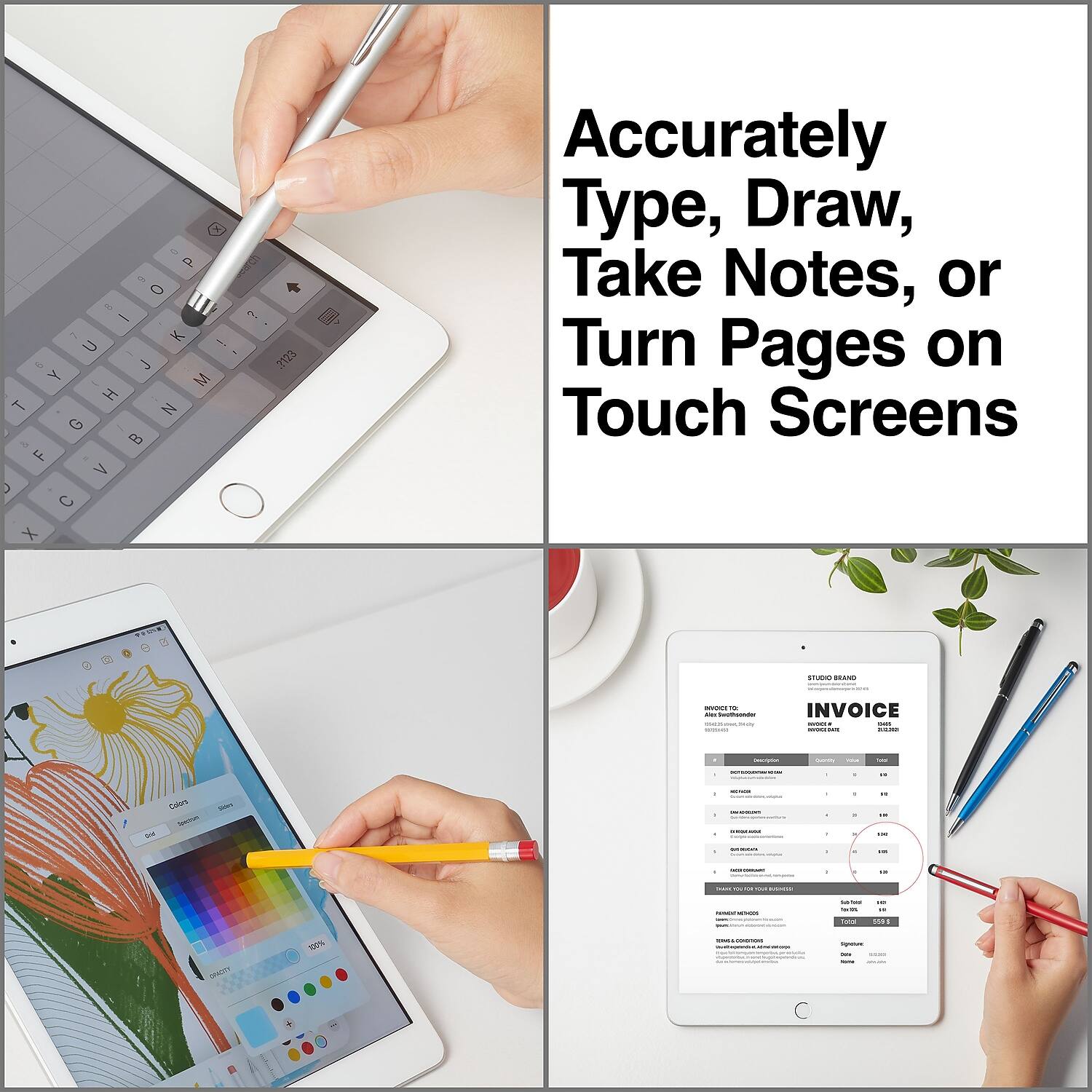 Accurately Type, Draw, Take Notes, or Turn Pages on Touch Screens

INVOICE

STUDIO BRAND

INVOICE TO:
[Name]
[Address]
[City, State, ZIP]

INVOICE FROM:
[Name]
[Address]
[City, State, ZIP]

DATE: [Date]

ITEM DESCRIPTION | QUANTITY | UNIT PRICE | TOTAL
-----------------------------------------
[Item 1] | [Quantity] | [Price] | [Total]
[Item 2] | [Quantity] | [Price] | [Total]
[Item 3] | [Quantity] | [Price] | [Total]

SUBTOTAL: [Amount]
TAX: [Tax Amount]
TOTAL: [Total Amount]

PAYMENT TERMS: Net 30 days

SIGNATURE: _______________________

[Signature]

[Date]

[Note: This is a sample invoice template.]