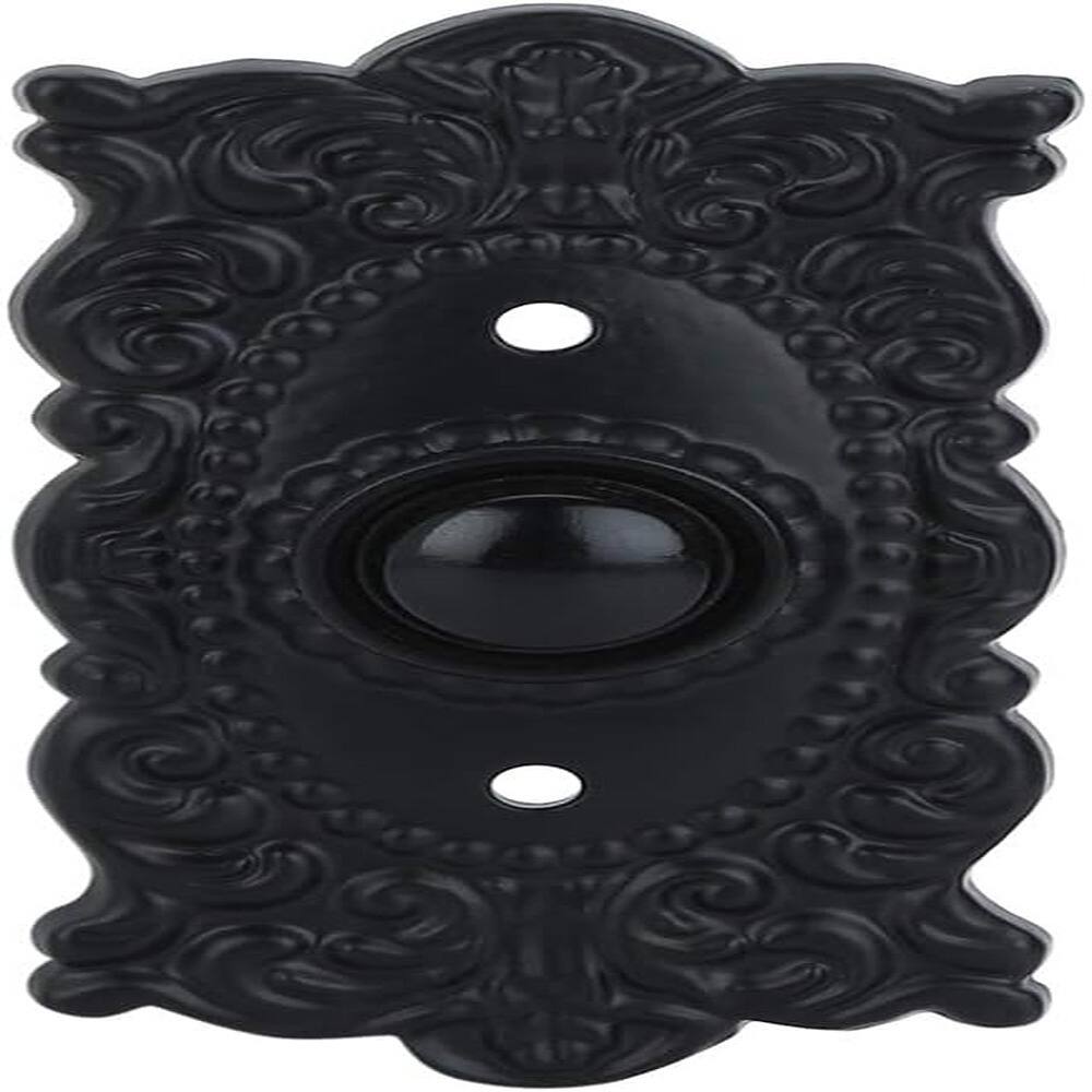Schertz - Easy-to-install, 3 3/8" x 1 5/8" wired iron doorbell chime push button, vintage - color: Black Powder Coat Size: Victorian